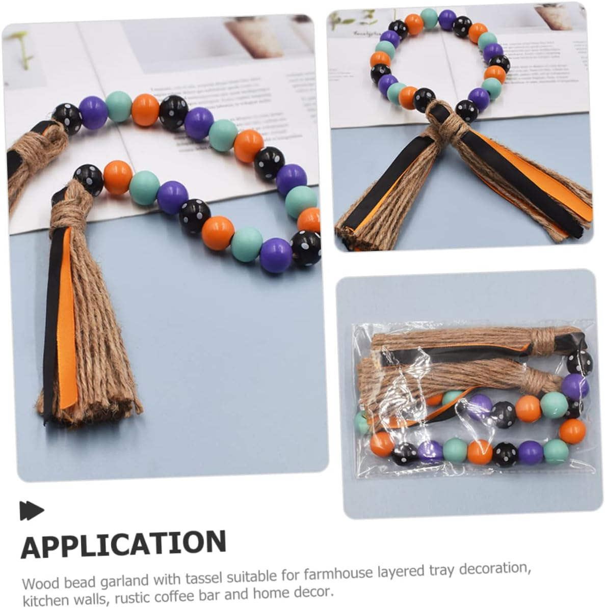 Wooden Beaded Garland Decorative Wall Hanging Tiered Tray Beaded Garland Rustic Home Decor for Party image number 5