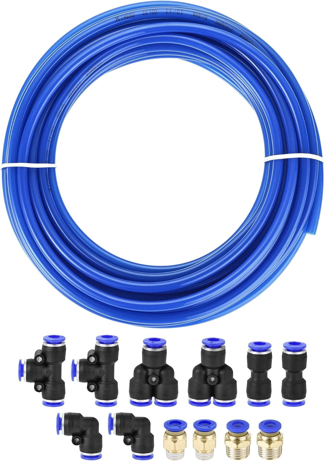 Uxcell Pneumatic 6Mm OD Polyurethane PU Air Hose Tubing Kit 10 Meters Blue with 12 Pcs Push to Connect Fittings