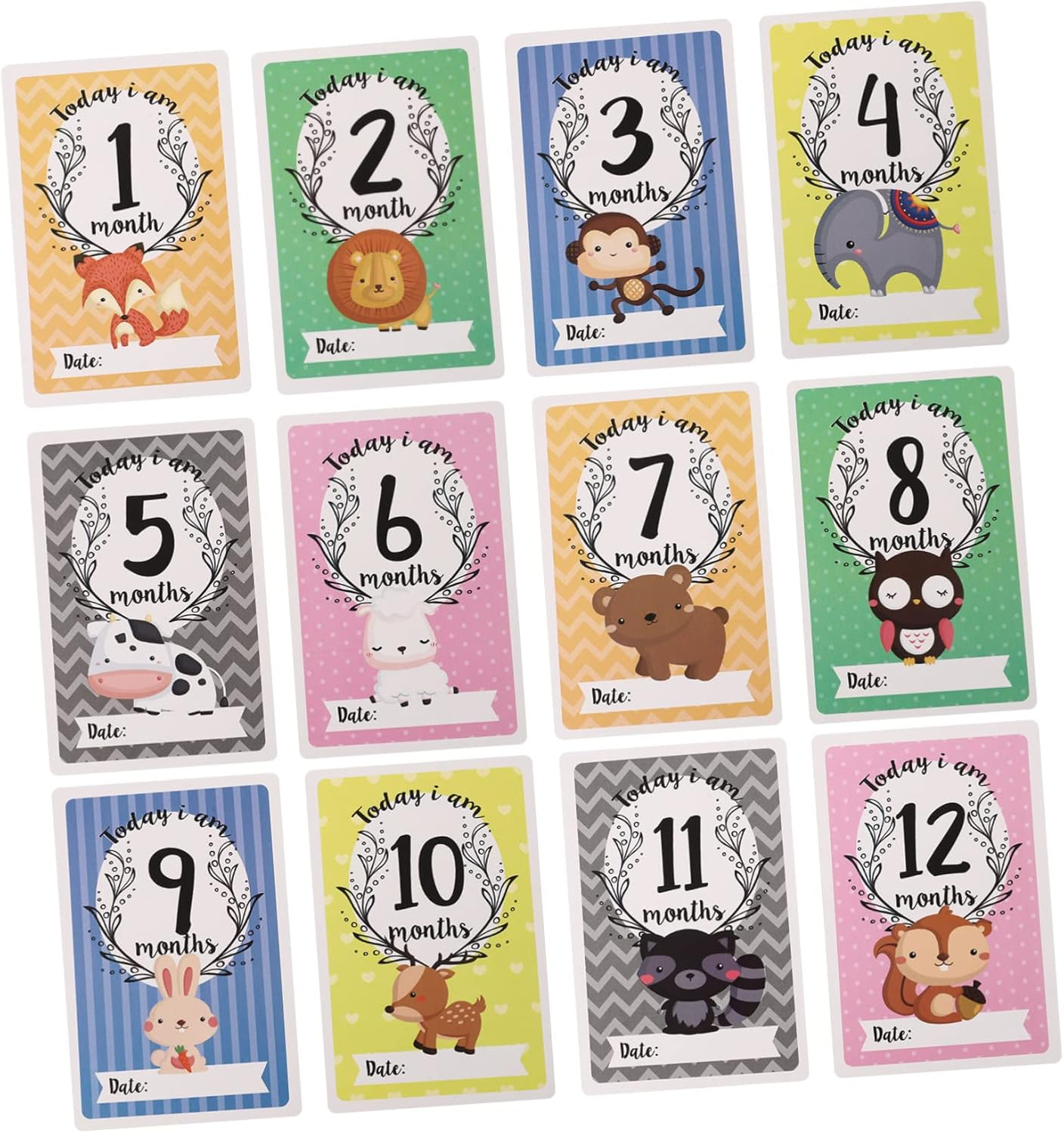 12Pcs Animal Milestone Cards for Girl Gifts Born Month Signs Decorative Growth Recording Cards