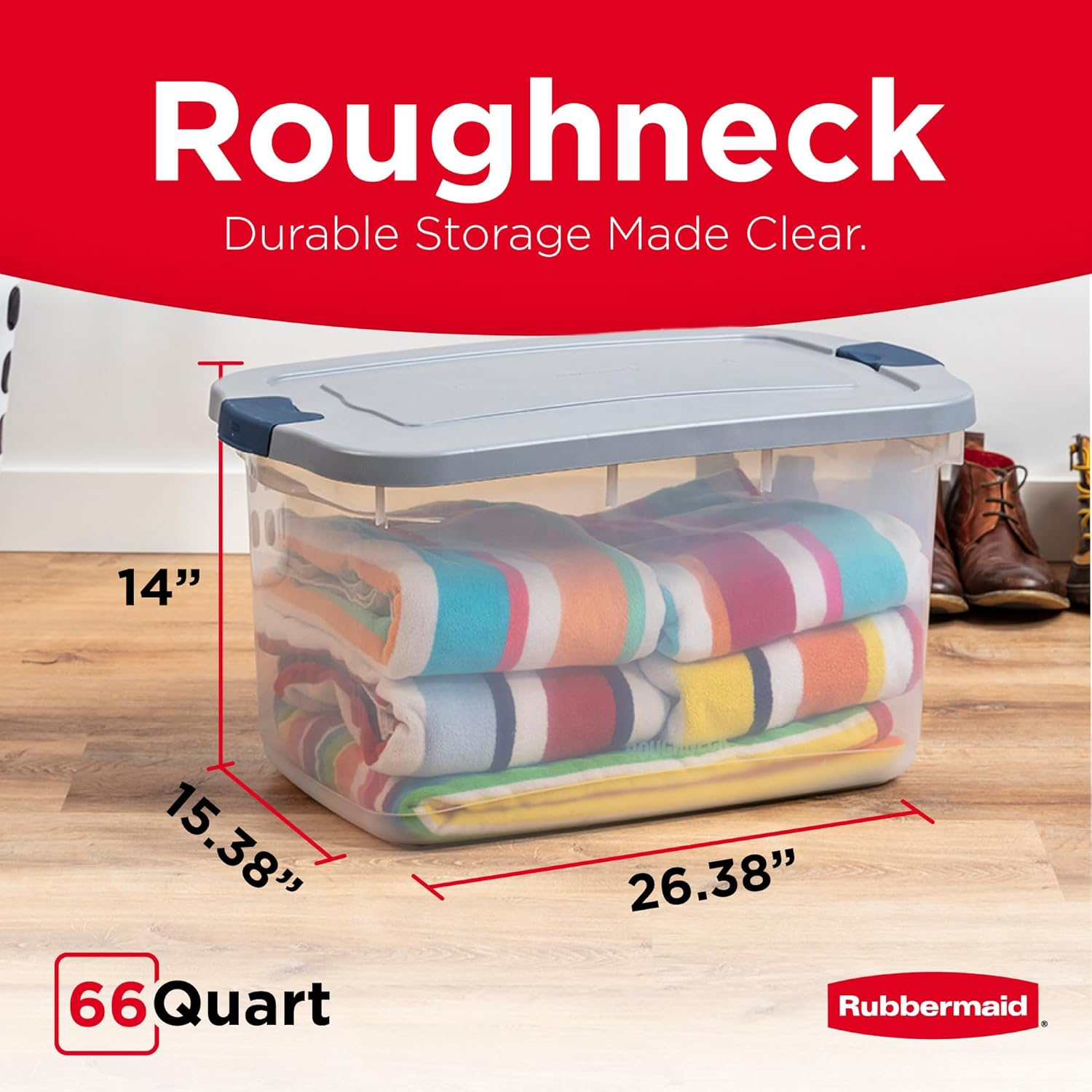 Rubbermaid Roughneck Clear 66 Qt/16.5 Gal Storage Containers, Pack of 4 with Snap-Fit Grey Lids, Visible Base, Sturdy and Stackable, Great for Storage and Organization image number 1