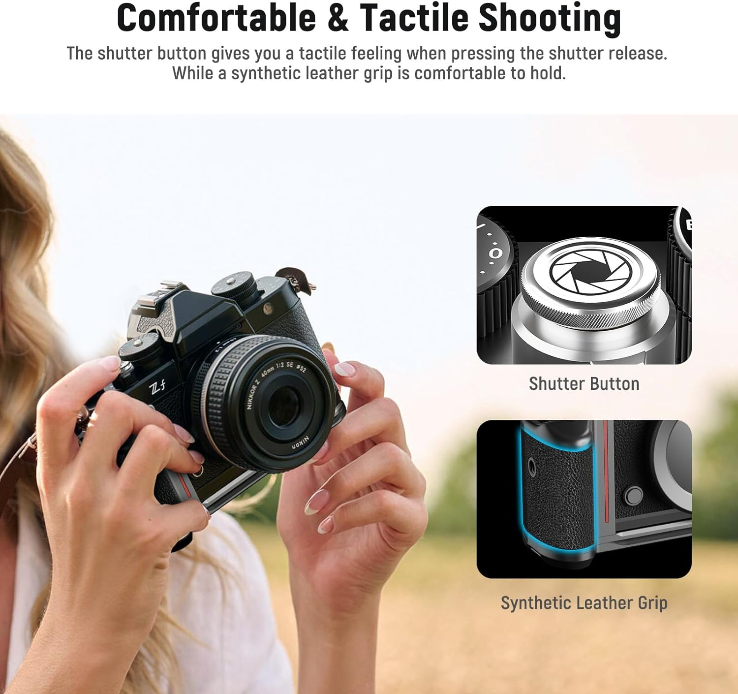 NEEWER Zf Handgrip L Shape Grip for Nikon Z F, Ultra Thin Retro Formfitting Camera Mounting Baseplate with Handle & Aluminum Shutter Button Cap, Compatible with Arca Swiss Tripod Fluid Head, CA073 image number 2