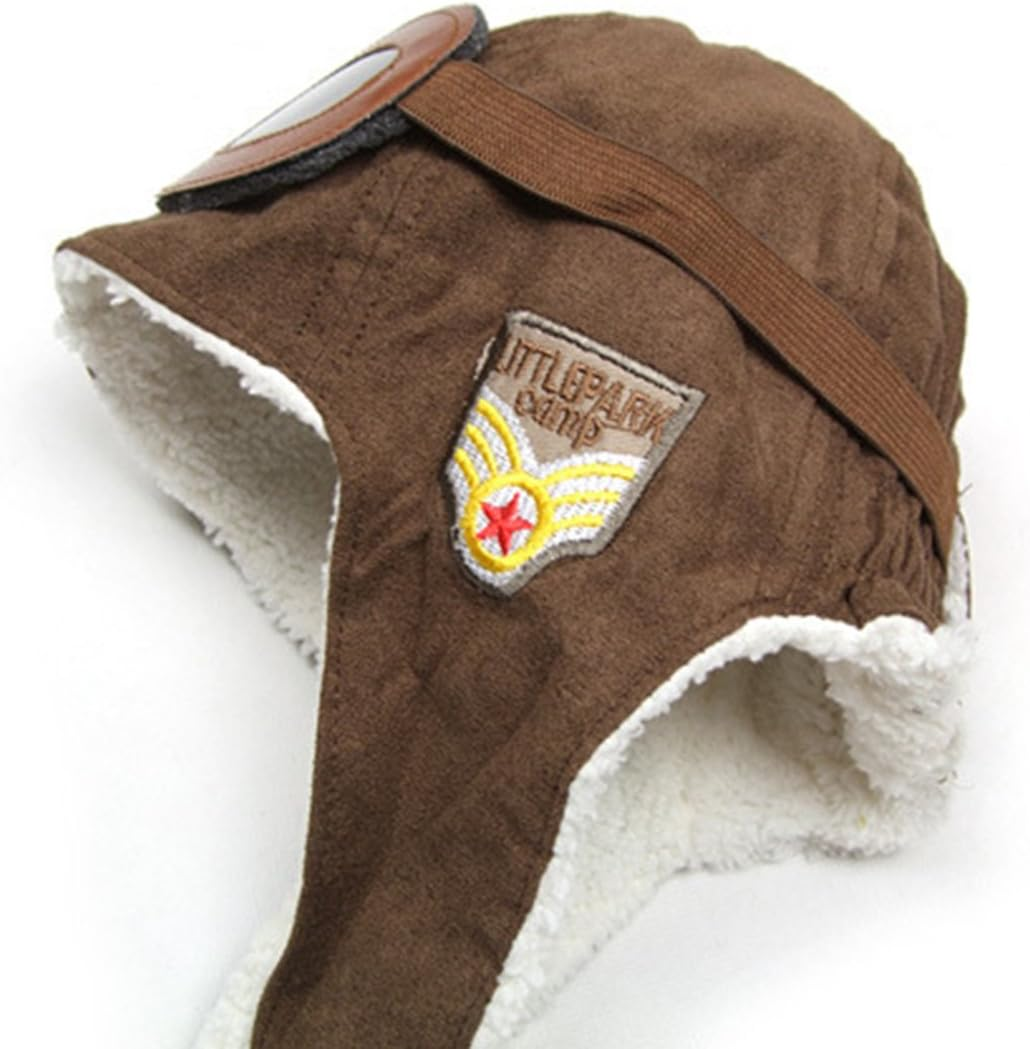 Adorable Pilot Aviator Warm Hat Brown Beanie Plush Cap Fleece Warm Hat Cap with Earmuffs Baby Toddler Protect, Brown, Medium image number 1