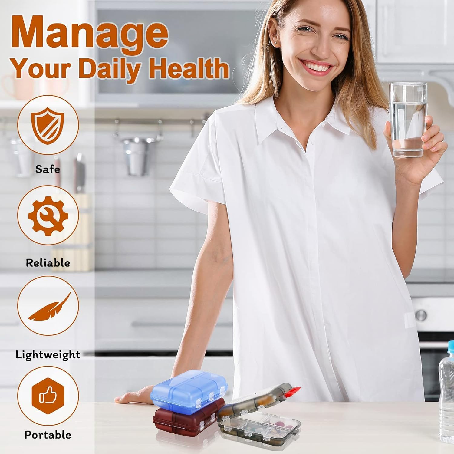 4Pack Travel Pill Organiser, 8 Compartments Portable Pill Box, Large Capacity Tablet Organiser for Supplements, Pills, Vitamins and Medication- Airtight & Moistureproof (4 Pack Model 2) image number 2