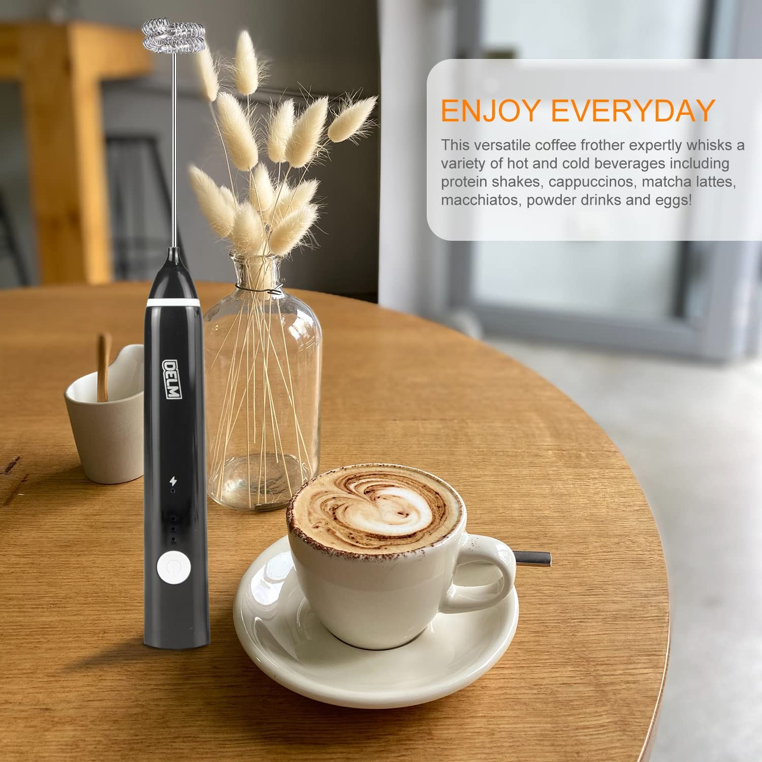 DELM Rechargeable Milk Frother Handheld Foam Maker with Stainless Whisk for Cappuccino, Latte, Bulletproof Coffee, Keto Diet, Protein Powder, Matcha image number 6