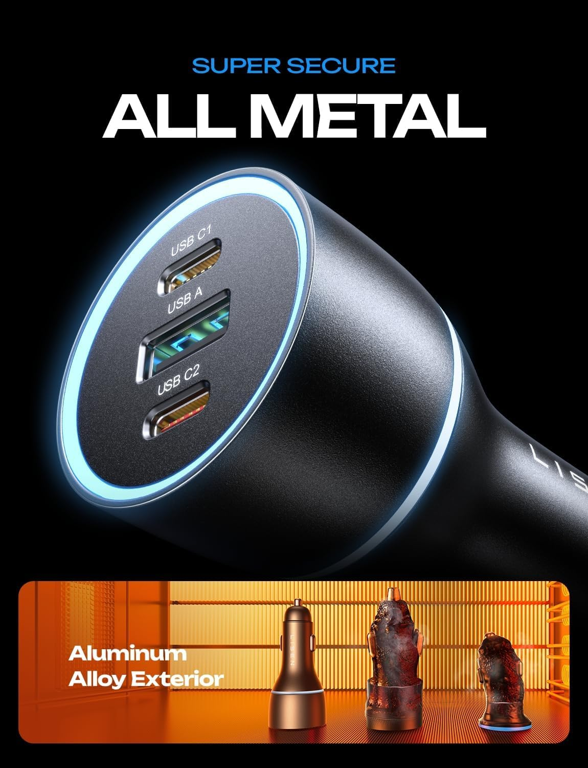 LISEN 170W USB C Car Charger for Iphone 15 Pro Max, [Gan]Pd3.1 140W+PD30W USB C Super Fast Car Charger Adapter Type C Fast Charging for Iphone 15 Pro Max Laptop Macbook Pro Ipad Samsung Galaxy S24 S23 image number 3