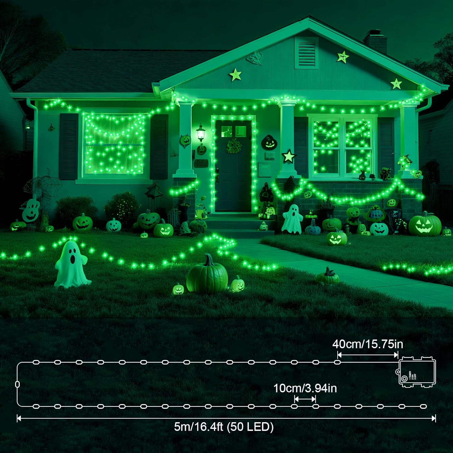 Pack of 2 Halloween Fairy Lights Battery, 5 M 50 LED Green Micro Fairy Lights Battery Operated with Timer, IP65 Waterproof Halloween Decoration Outdoor for Fireplace, Tree, Room, Garden image number 3