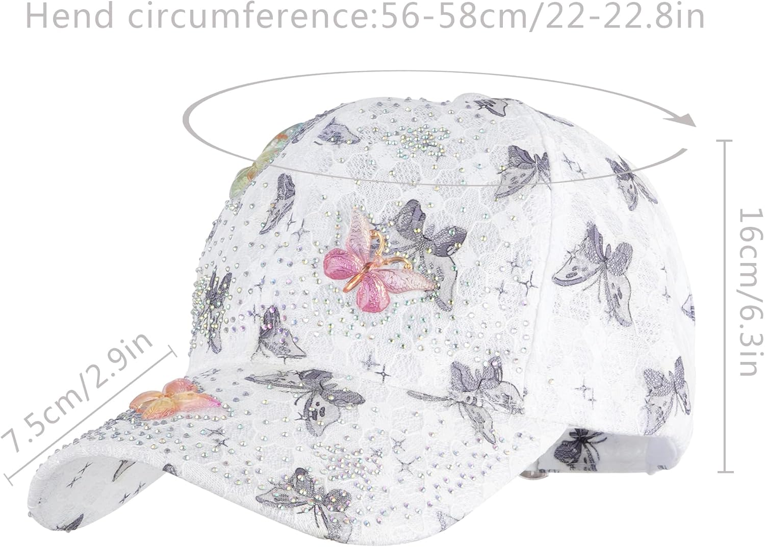 Meliyya Mesh Baseball Cap Rhinestone Butterfly Baseball Cap Summer Sequins Shield Cap Men Women One Size Adjustable - A08228-White image number 2