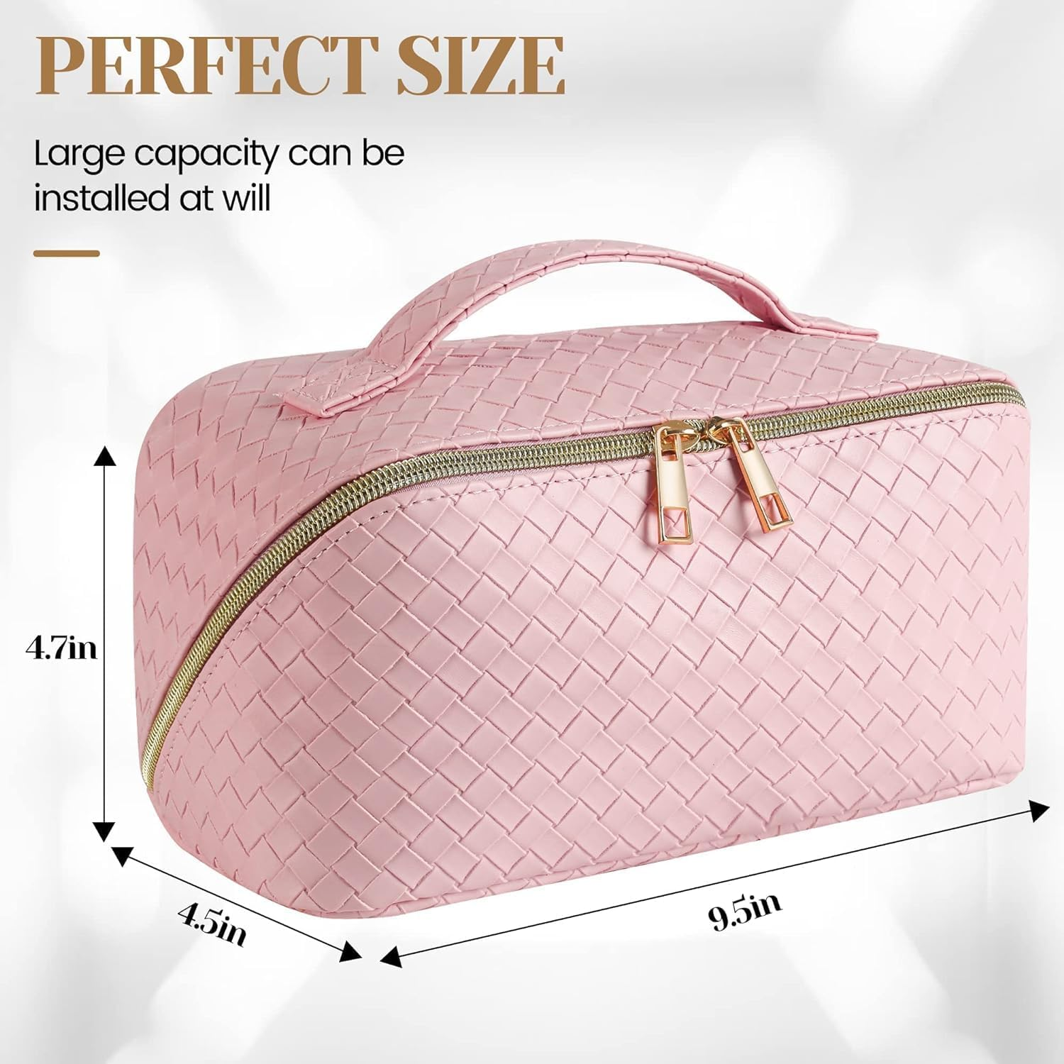 Large Capacity Travel Cosmetic Bag,Makeup Bag,Pu Leather Waterproof Cosmetic Bag,Women Portable Travel Makeup Bag with Handle and Divider Flat Lay Makeup Organizer Bag image number 4