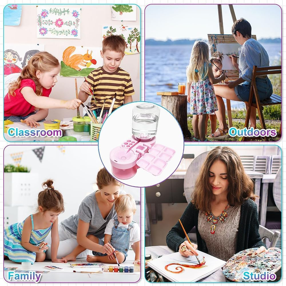 1 PCS Pink Transparent Paint Brush Cleaner Tool,Universal Crafts Water Cycle Watercolor Brushes Rinse Dispenser with Holder and Palette,Washing My Brush,Painting Art Supplies for Artist Beginner Kid