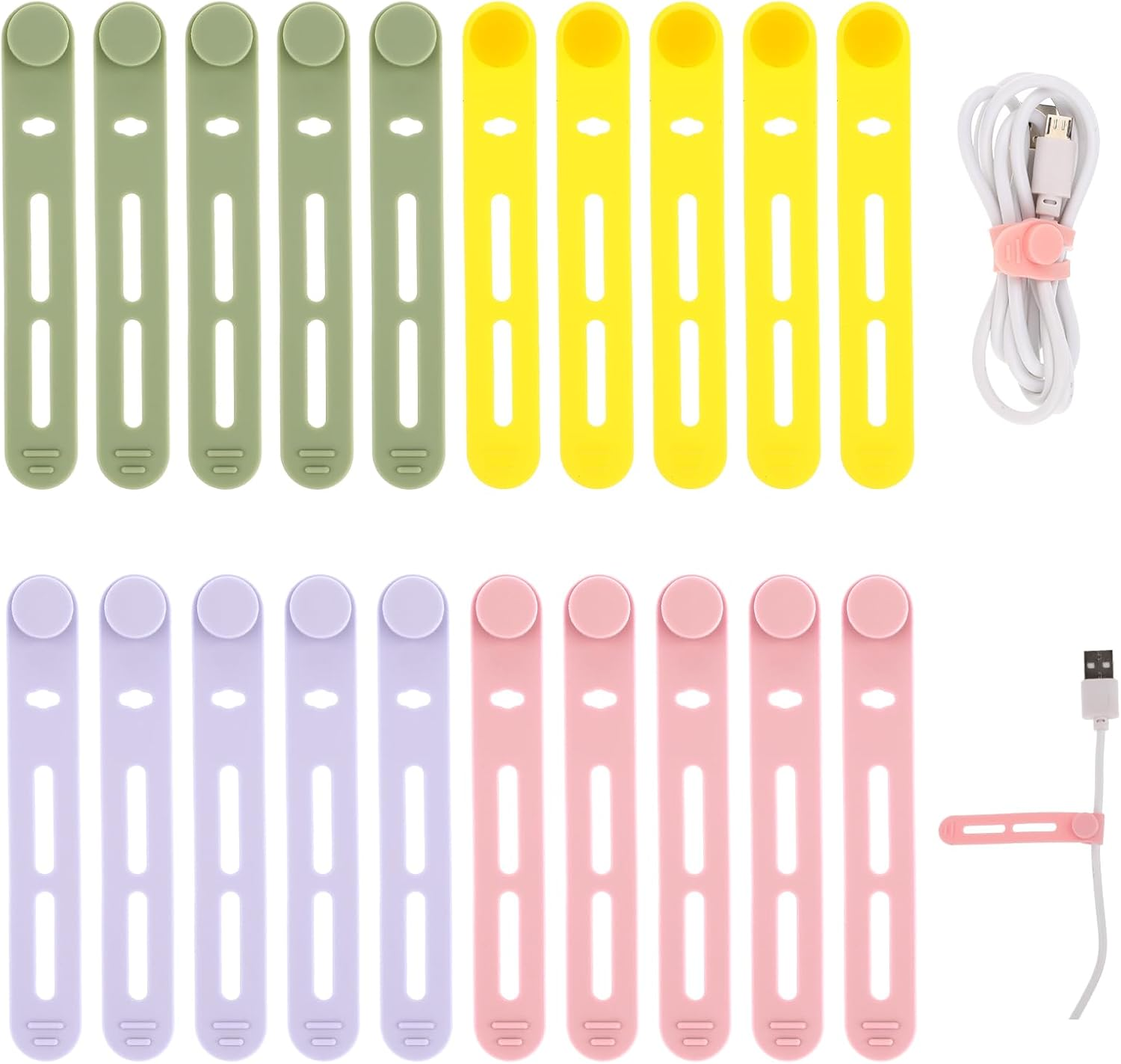 Molain Reusable Cable Ties, 20Pcs Adjustable Silicone Cable Straps Wire Organizer for Charging Cords Earphone Computer Wire Desk Cable Management Travel Accessories(Yellow+Pink+Purple+Green)
