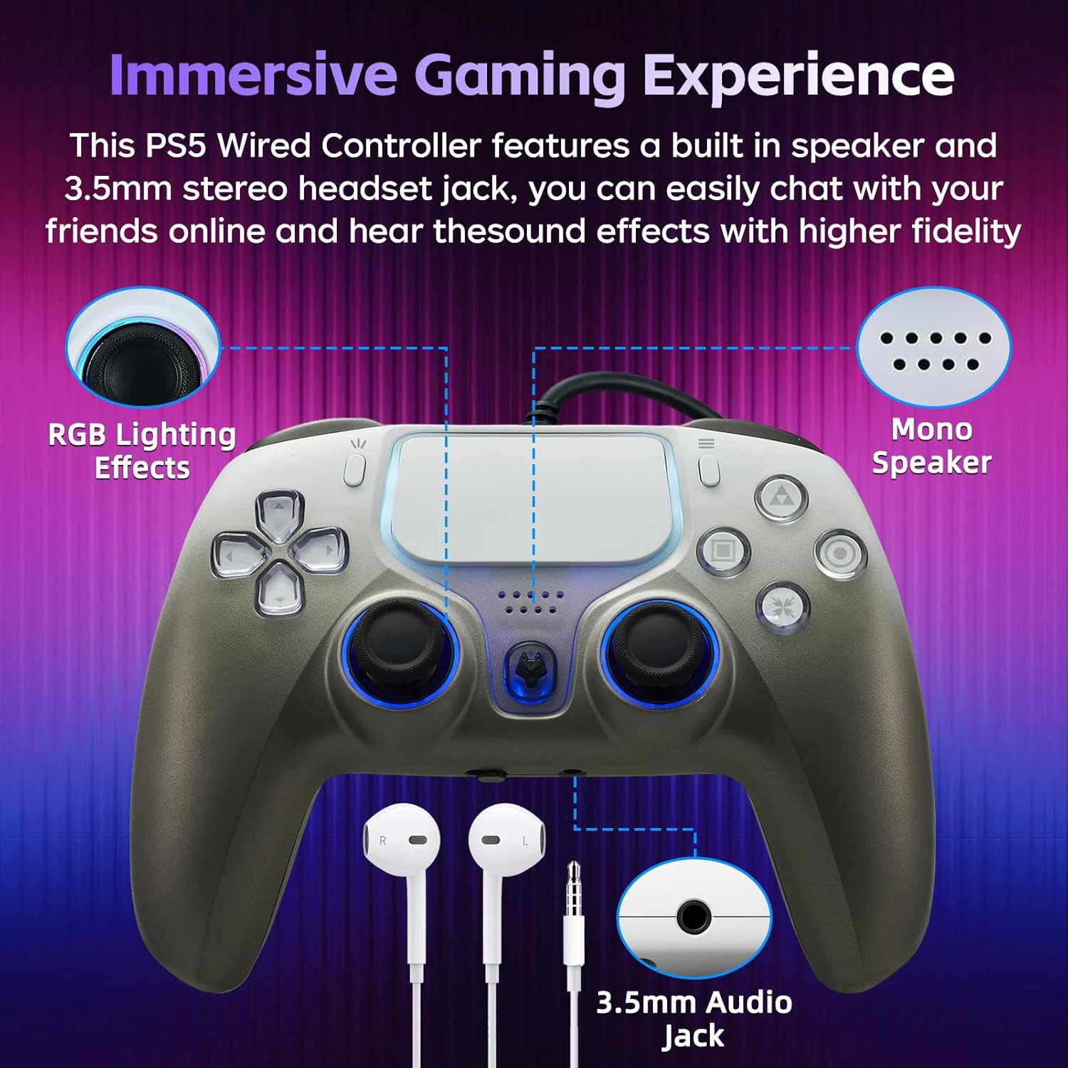 NBCP Wired Controller for Playstation 5, PS5, PC, PS4, USB Gamepad Joystick for Windows 7/8/10, Laptop, Steam - Dual Vibration, Turbo Function, Hall Effect Trigger, 6 Axis Gyro Sensor, 3.5Mm Audio image number 5