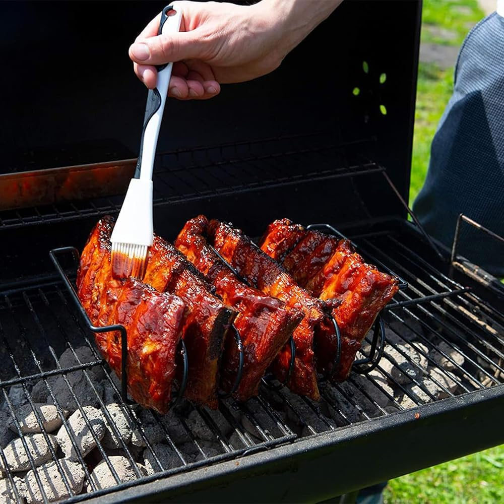 BBQ Rib Rack, Non-Stick Carbon Steel Roasting Stand for Smoking, Gas or Charcoal Grill Holds up to 5 Back Ribs Smoker Rack for Grilling and Barbecue (Black) image number 3
