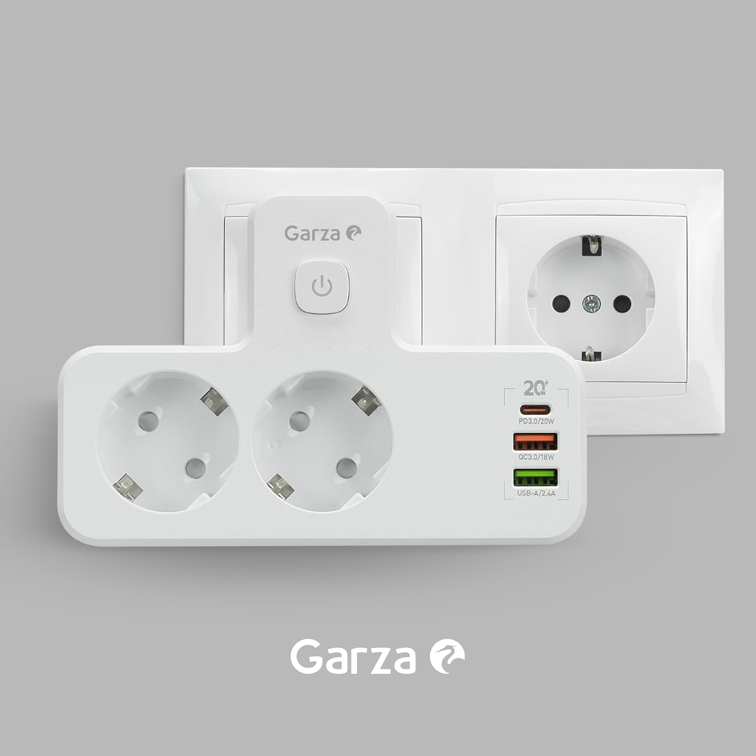 Garza - 5-In-1 Adapter with 2 Schuko Sockets, 2 USB-A and 1 USB-C PD20W, Fast Charge, Dimmable Touch Night Light, Child Protection and Overheating Protection image number 2