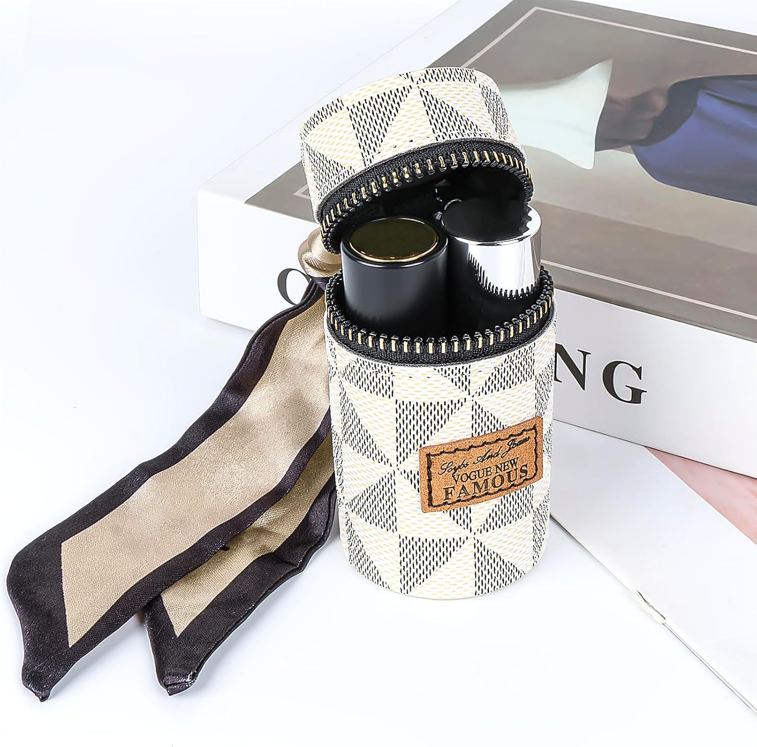 Adorila Mini Leather Lip Gloss Case, Travel Lipstick Bag with Keychain for Perfume, Fingernail Polish, White