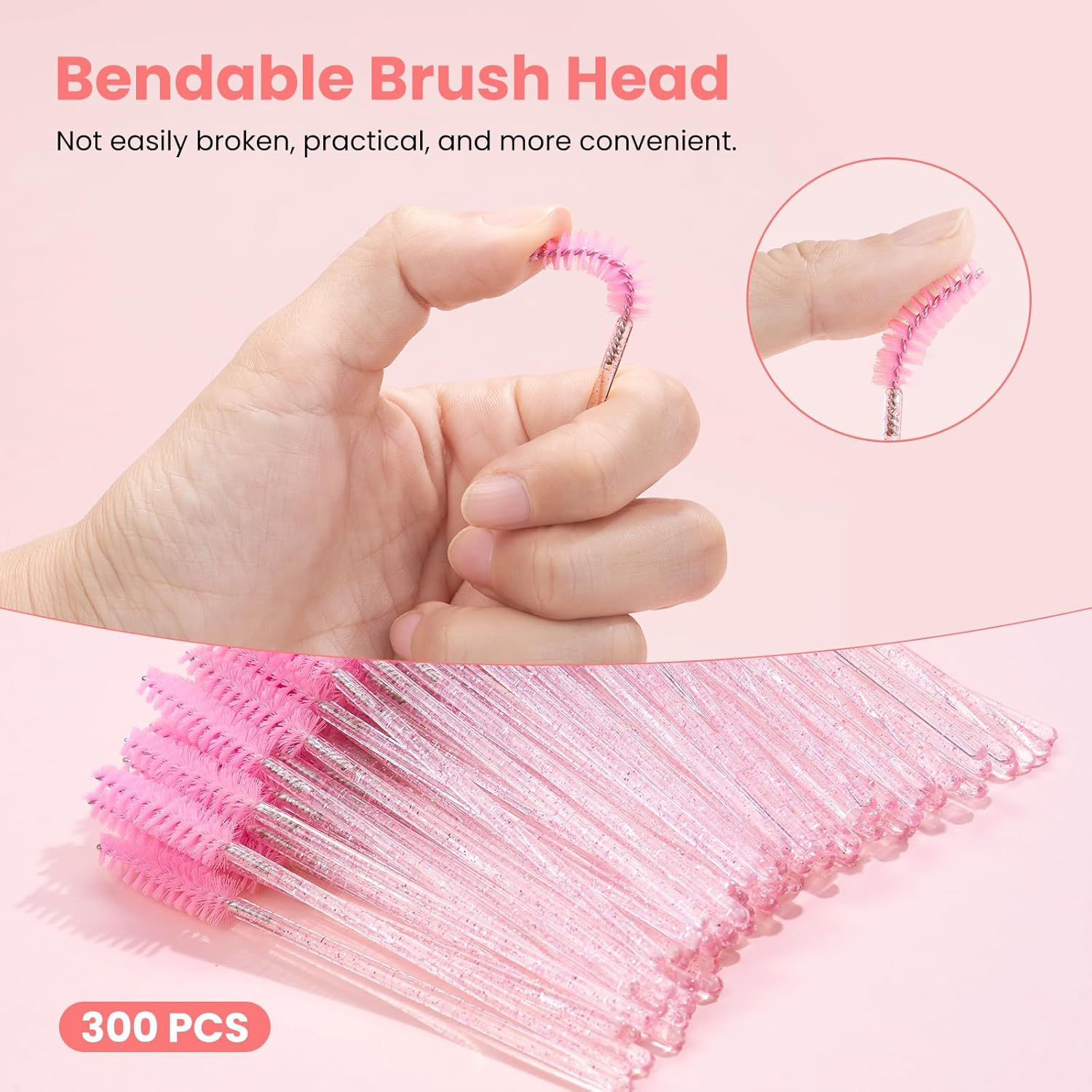 300PCS Disposable Eyelash Brushes - Crystal Mascara Wands - Eyelash Spoolies & Eyebrow Brushes - Makeup Applicators for Lash & Brow Grooming - Castor Oil Application - Cosmetic Tools (Pink)