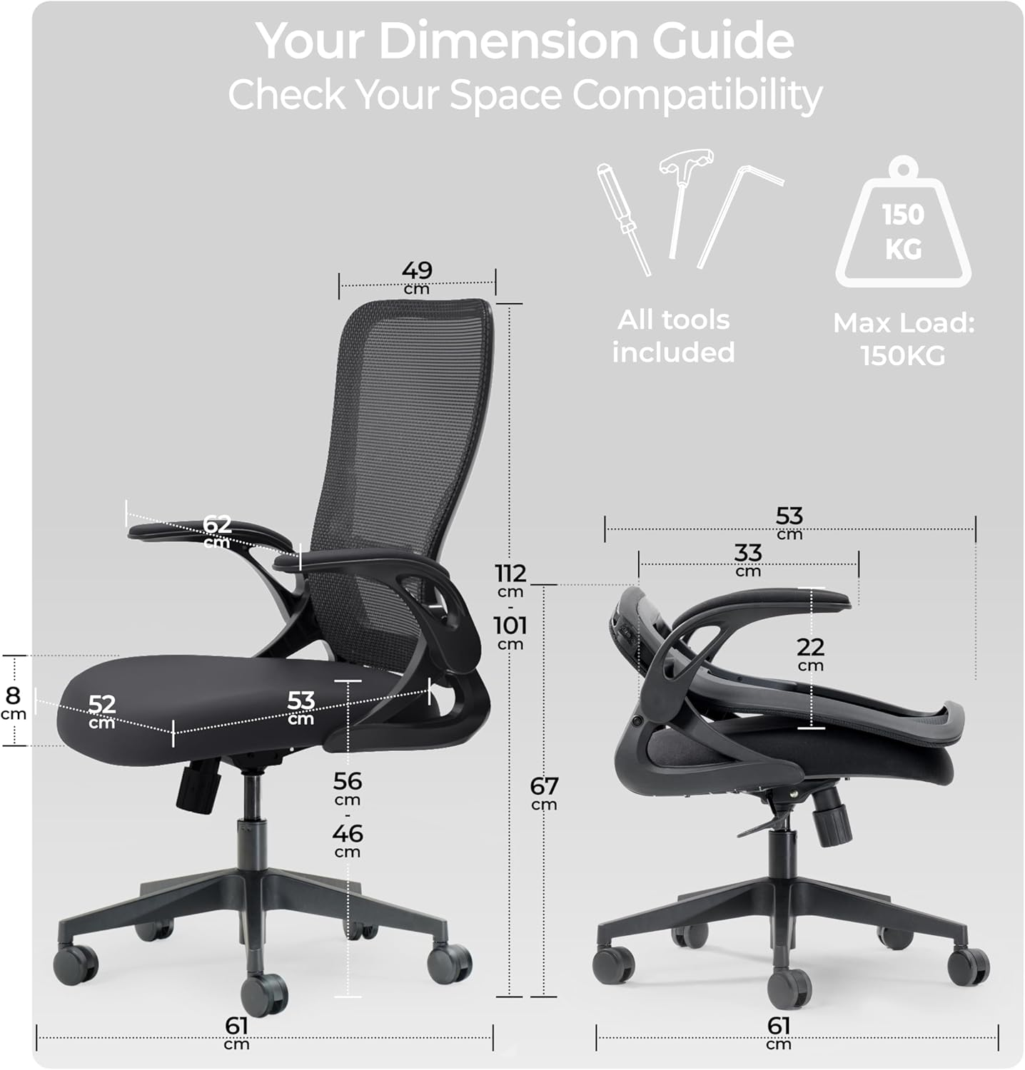 Tervo Model U | Folding Office Chair for Small Spaces | Gaming Chair for Adults & Kids | Ergonomic Mesh Computer Chair for Bedroom | Foldable Desk Chair for Home Work | (Midnight Black) image number 6