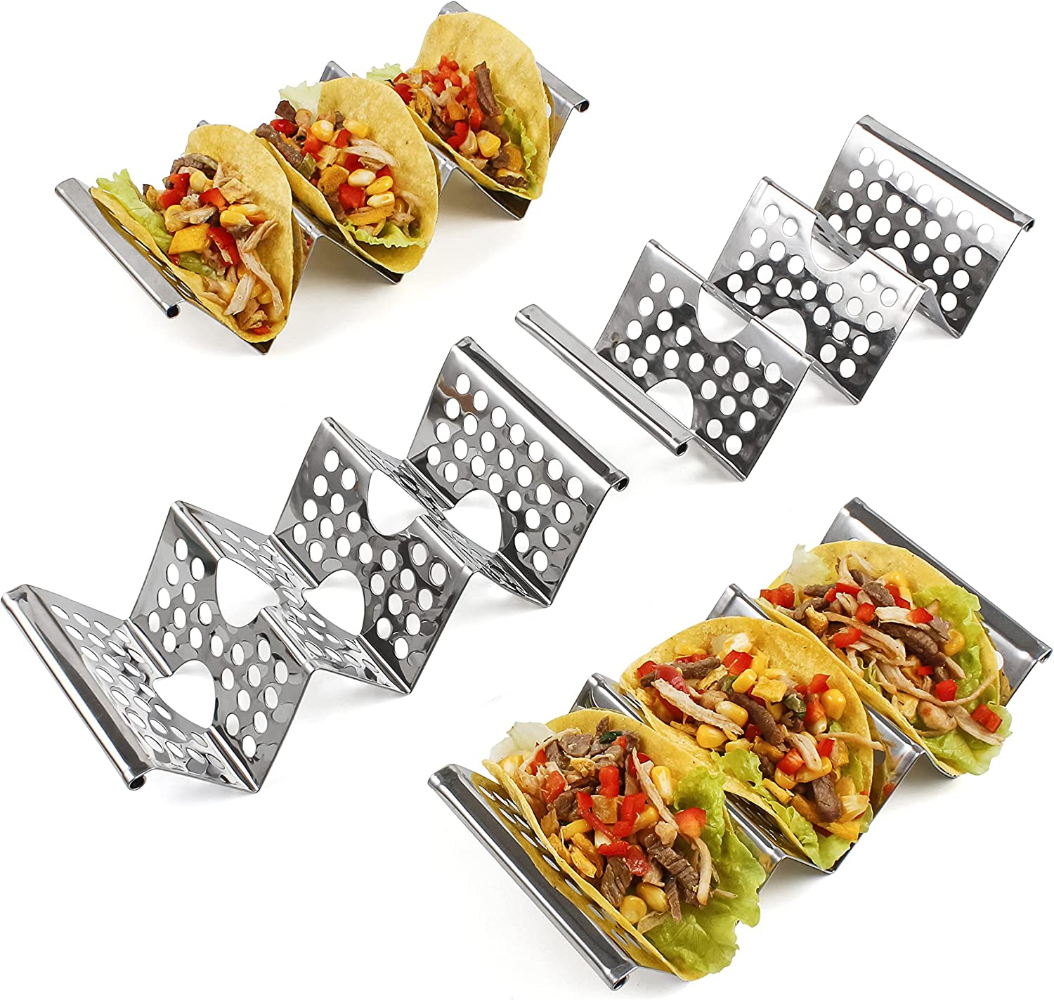 4 Pack Stainless Steel Taco Holders, Premium Taco Stands, Holds 2 or 3 Tacos Each Taco Tray, Taco Rack with Easy-Access Handle, Food Grade Taco Plate Shells Oven & Grill Safe, BPA Free image number 2
