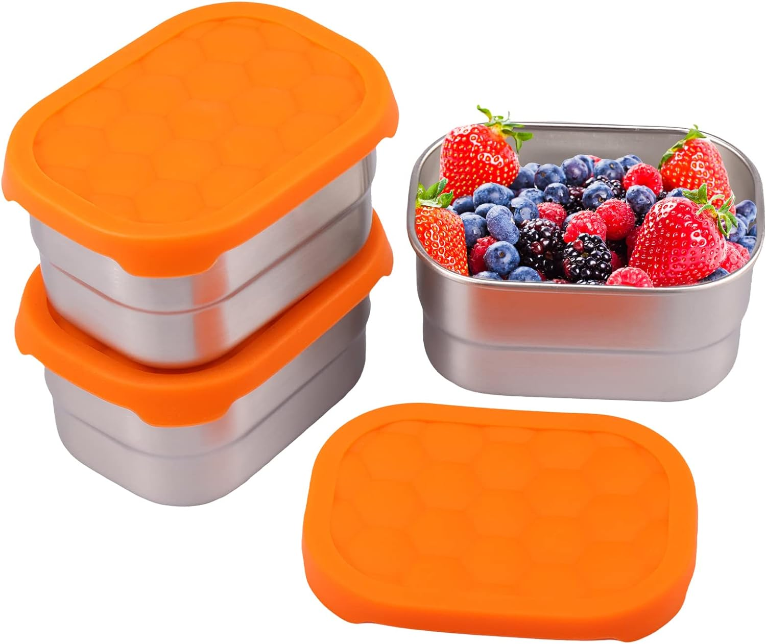 3Pcs 8Oz Stainless Steel Snack Containers for Kids Stackable Rectangle Food Storage Container with Silicone Lids Portable Snack Boxes for School Office Travel Camping (3 Pcs)