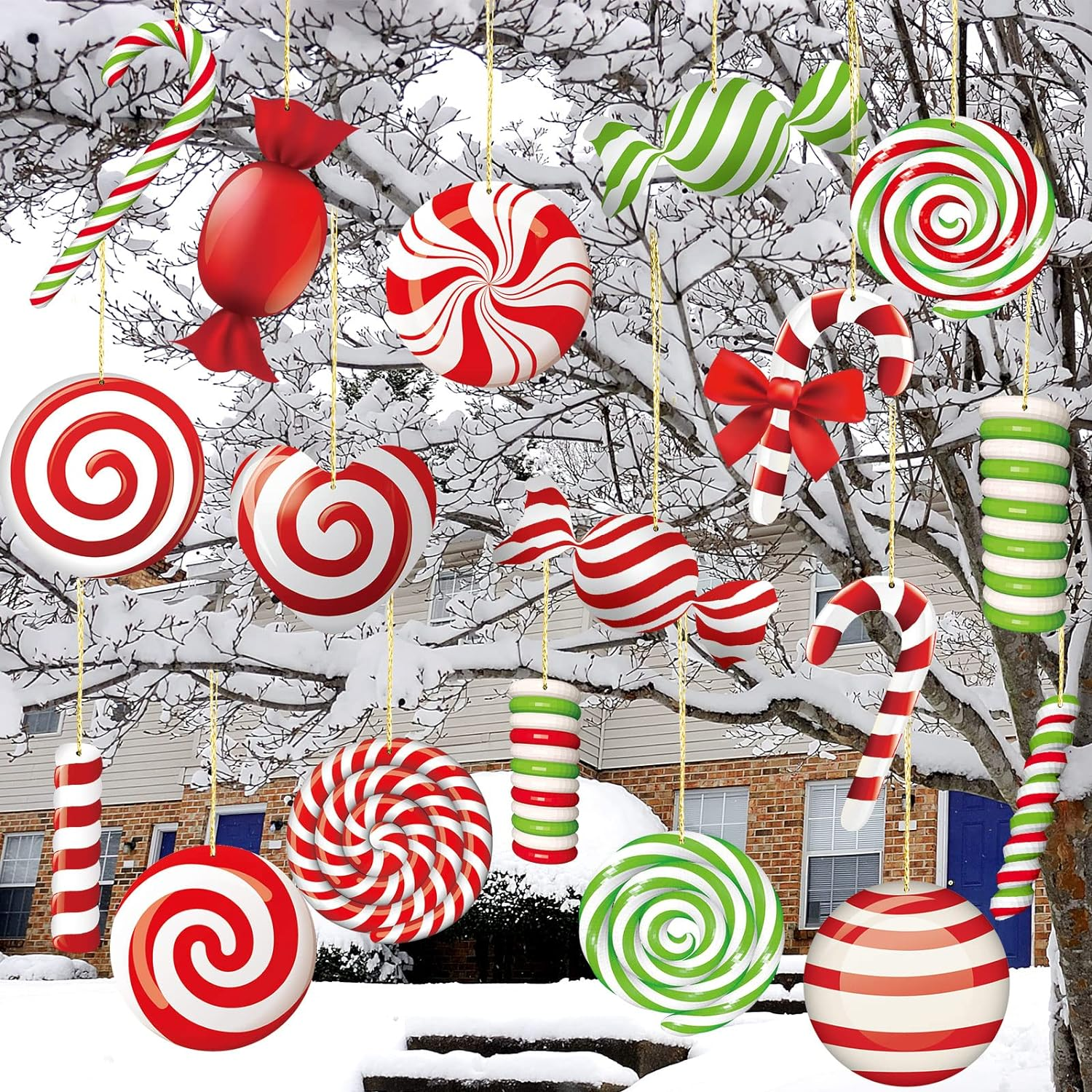 20 Pcs Christmas Yard Signs Ornaments Double Sided Christmas Peppermint Candy Hanging Ornaments Christmas Large Candy Yard Decorations Christmas Tree Decorations for Candy Party Outdoor Yard Decor image number 6