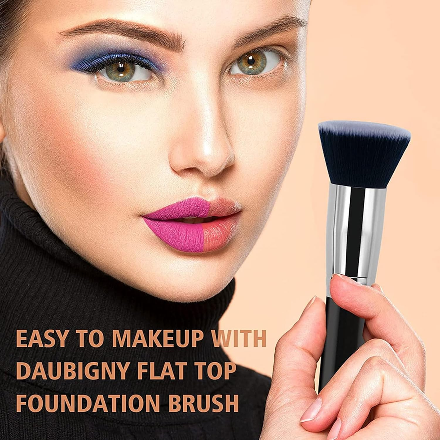 RIBHNXHI Flat Top Kabuki Foundation Brush for Liquid Makeup Professional Grade Large Face Brush for Buffing and Blending Mineral Powder Cosmetics Black