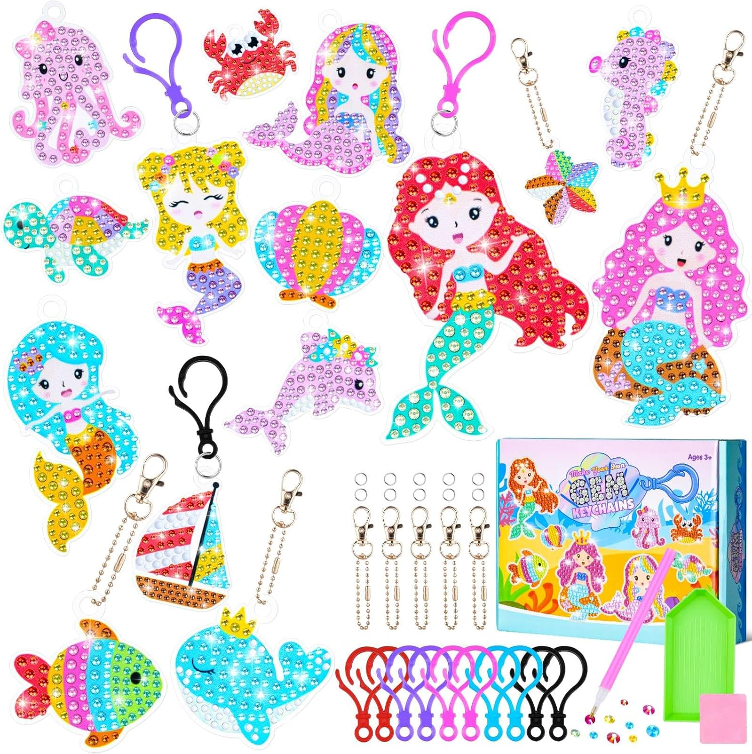 5D Gem Diamond Art Kit for Kids, Make Your Own Gem Art Keychains by Number, Cartoon Diamond Art Easy Kits, DIY Crafts Birthday Gifts Thanksgiving Christmas for Girls Boys Ages 6-8-12 (Mermaids) image number 3