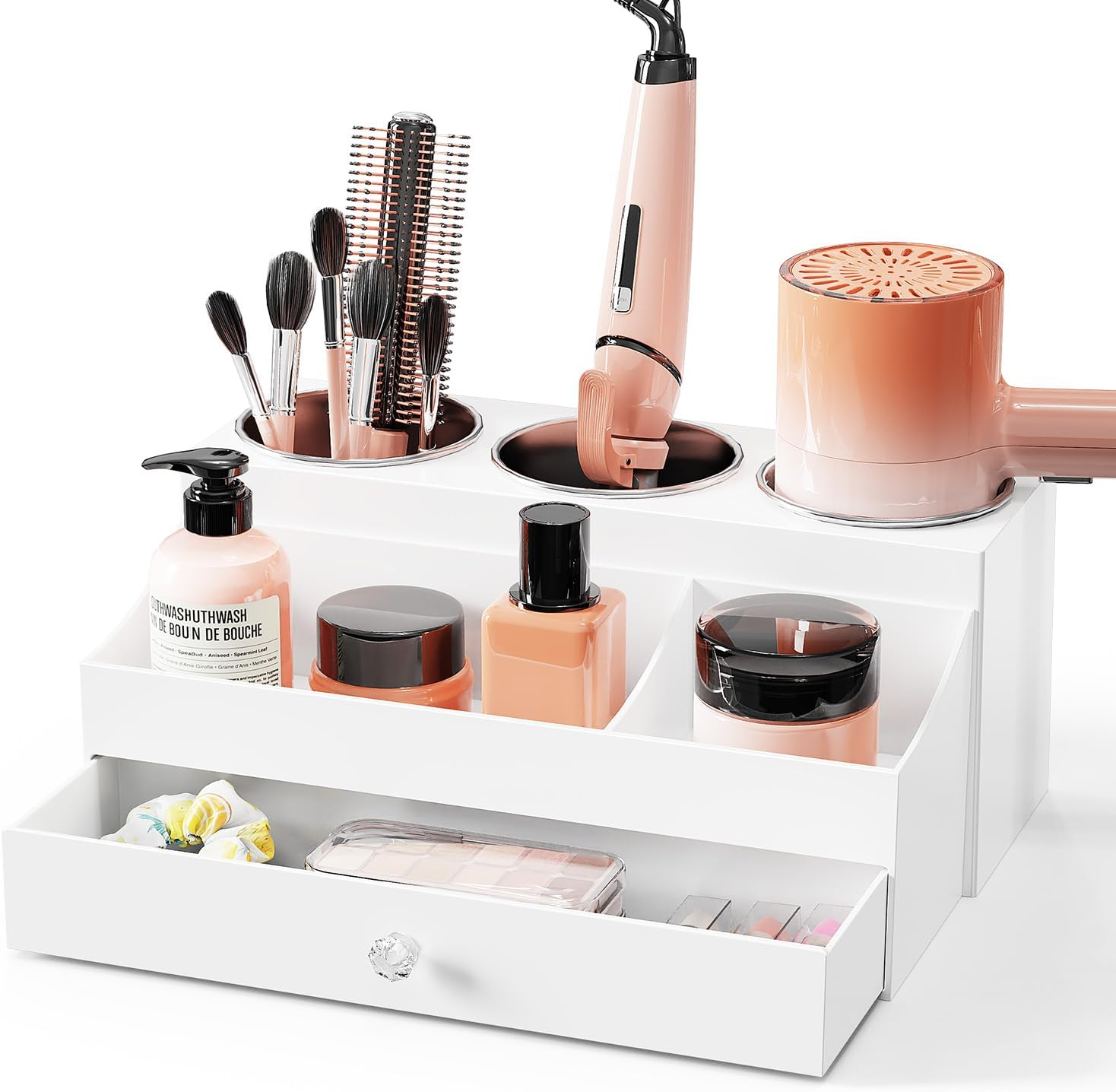 Hair Tool Organizer Acrylic Hair Dryer Bathroom Countertop Blow Dryer Holder Bathroom Trays Holders Organizers Vanity Caddy Storage for Makeup Toiletries White