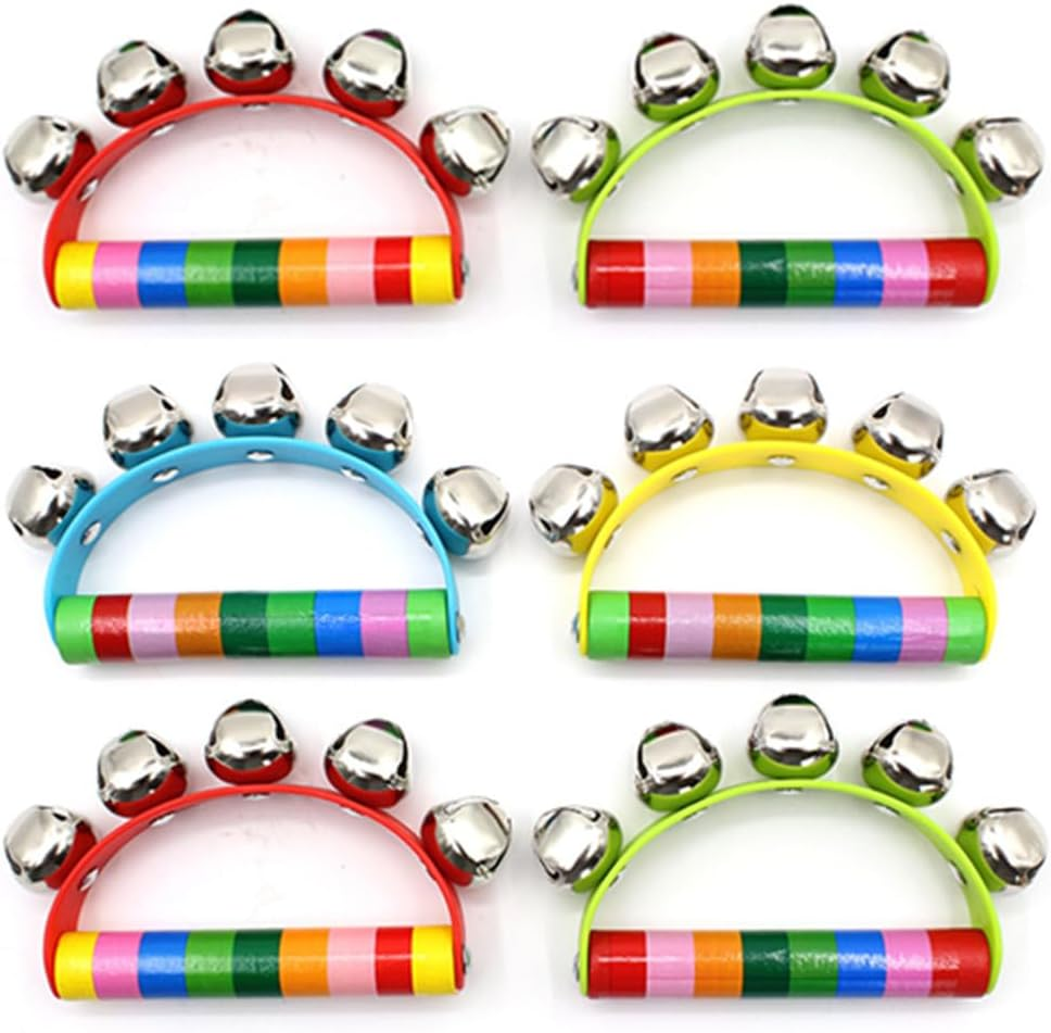 Loopunk 6 PCS Note Musical Handbells, Hand Sleigh Bells Wooden Semicircle Handbells Jingle Shaker Bells Educational Instrument Handbells for Children'S Day and Family Activity School.(Random Color) image number 3