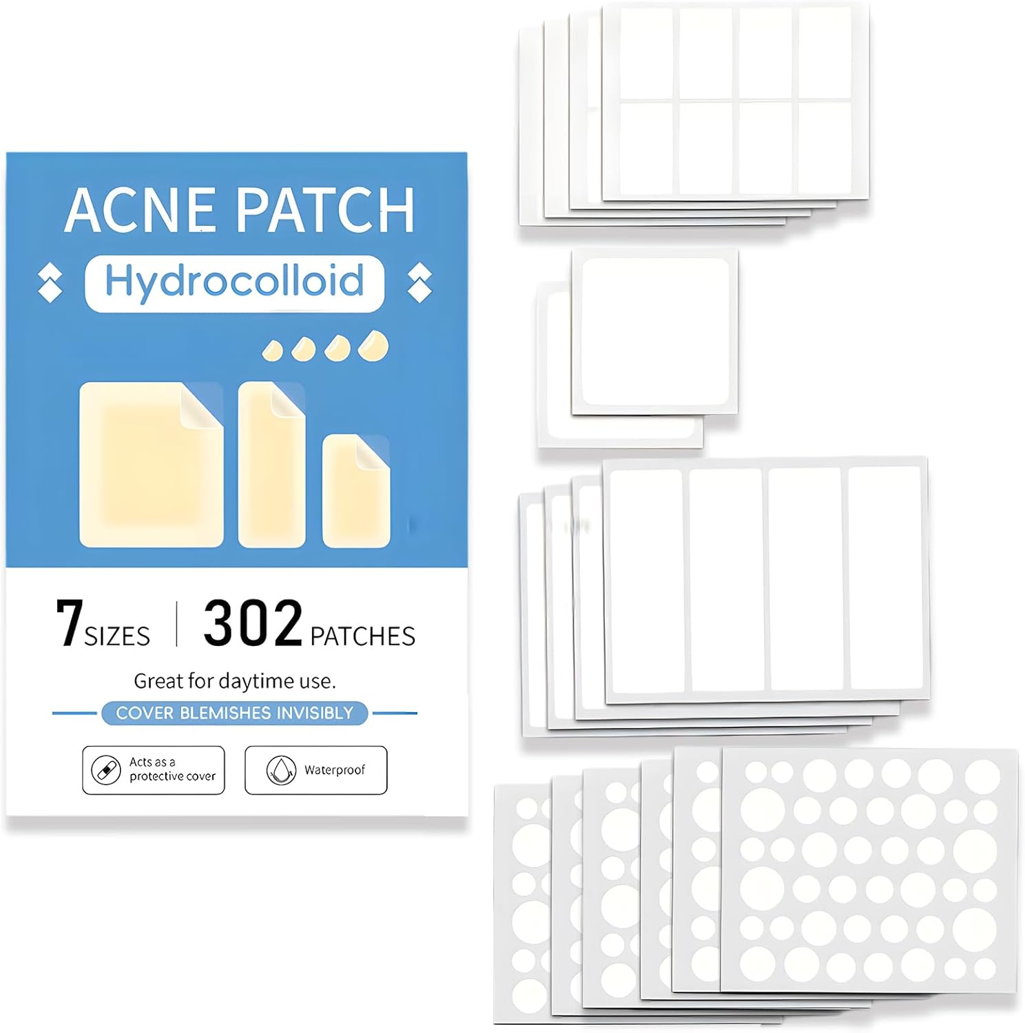 Large Pimple Patches for Face & Body, 7 Sizes Acne Hydrocolloid Bandages for Zit Breakouts, Chin, Forehead, Chest, Back, 302 Count, Effective Acne Treatment(7 Sizes 302 Count) image number 5