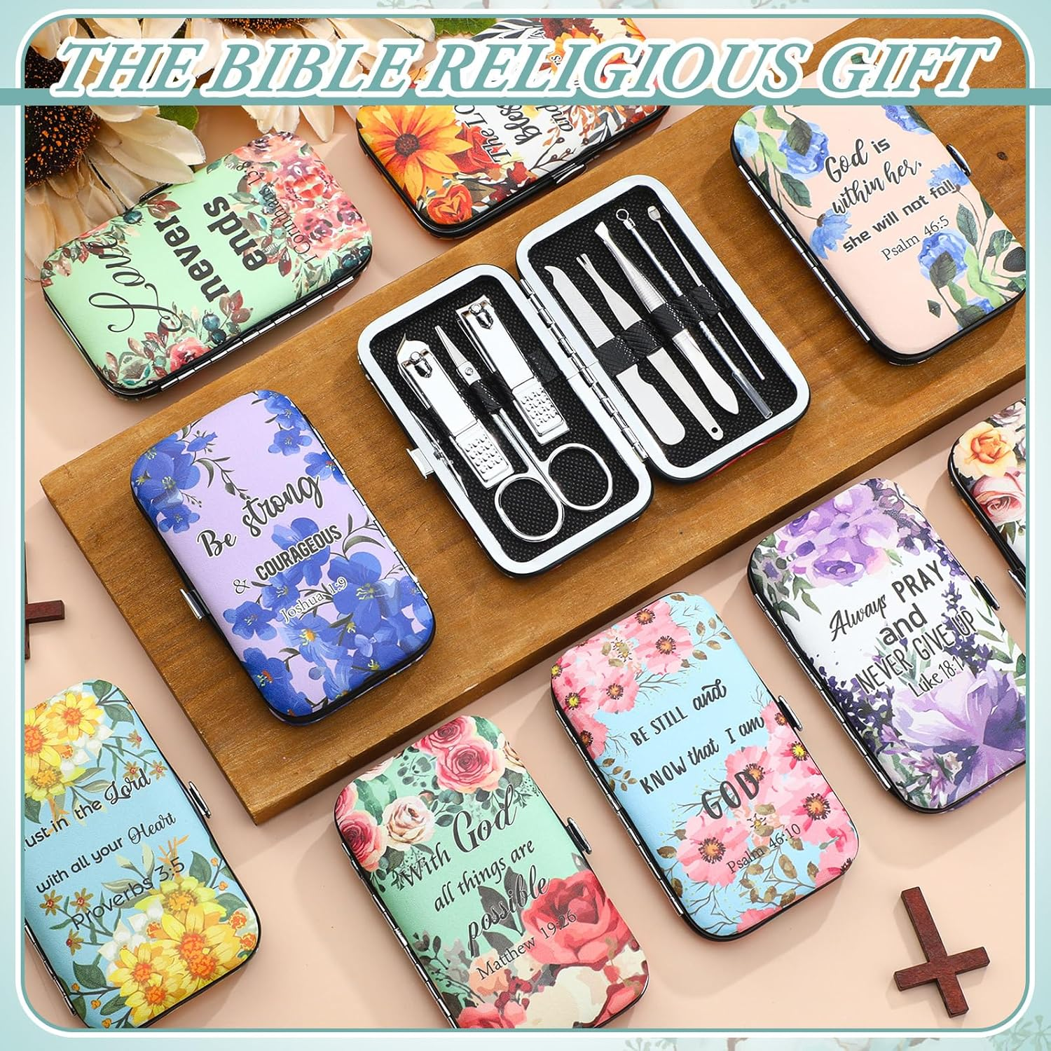 Lanties 10 Sets Christian Gifts for Women Bulk Bible Verse Scripture Manicure Sets Floral Stainless Steel Nail Clipper Set Religious Gift Personal Pedicure Kit for Employee Teacher Staff Women image number 5