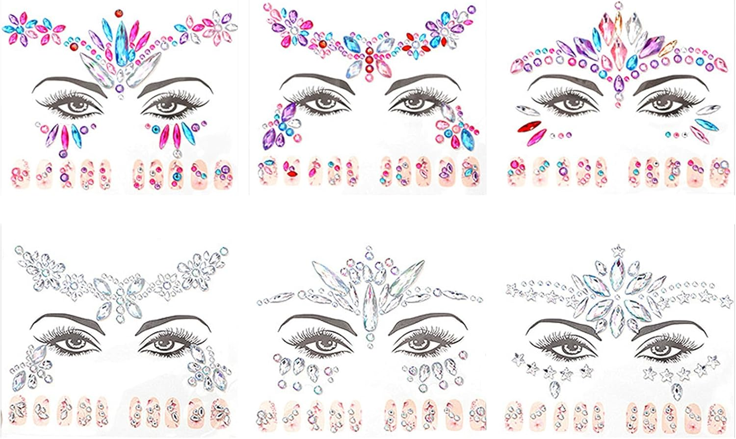 Pack of 6 Face Stick-Ons & Nail Stick-Ons, Rhinestone Glitter for the Eyes, Temporary Tattoos for the Face, Sticks-Ons for Music Festivals, Rave Parties, Halloween, Christmas, Birthdays, Carnival image number 6
