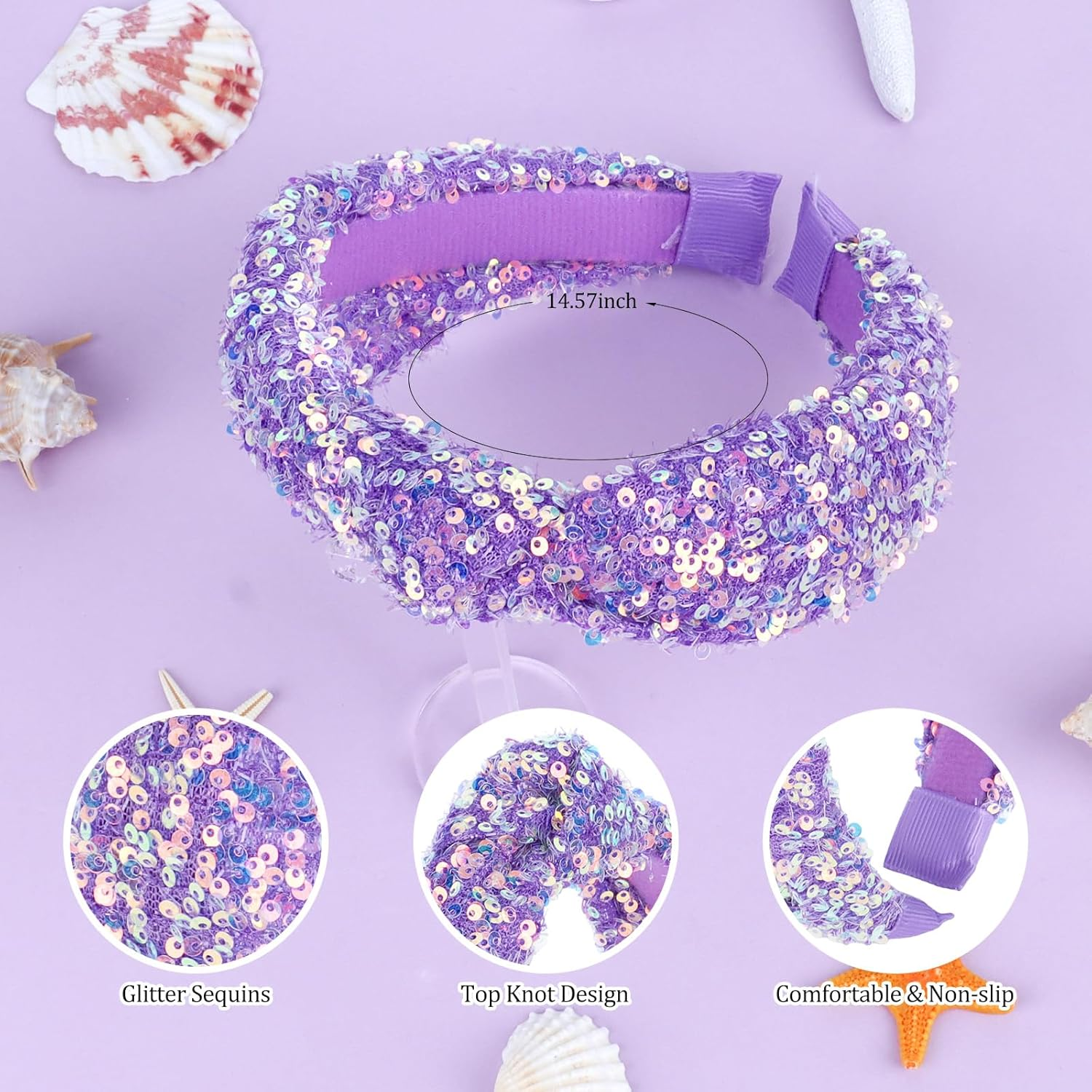 YARIEW Sequin Knotted Headband for Women - Sparkle Wide Knot Hair Bands Accessories - Cute Little Girl Princess Headband - Glitter Girls Hair Accessories (Purple) image number 1