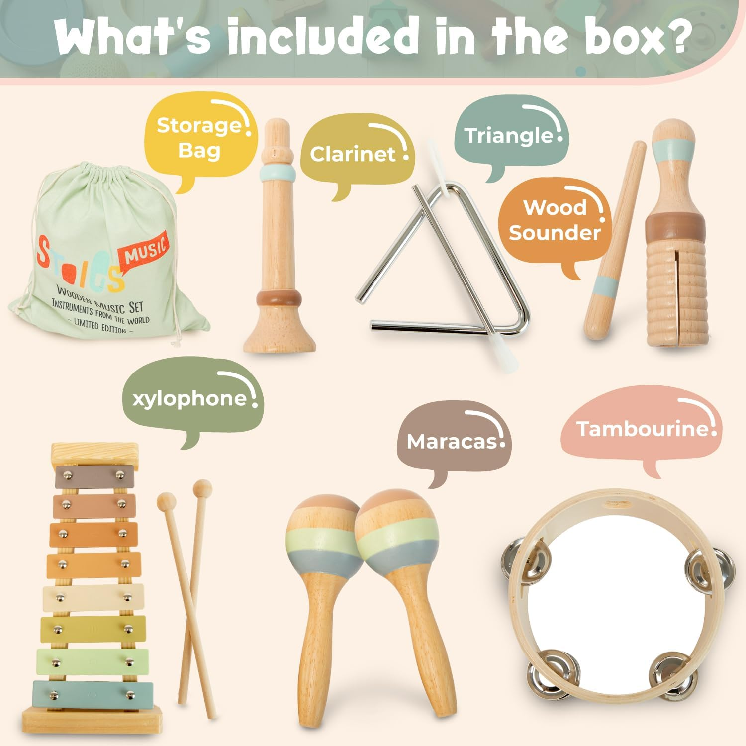 Stoie'S Wooden Kids Musical Instruments for Babies and Toddlers 1-9 Years Old, Montessori Educational Music Toy with Xylophone, Tambourine, Triangle, Maracas, Durable, Storage Bag, Unisex Boho Colors image number 2