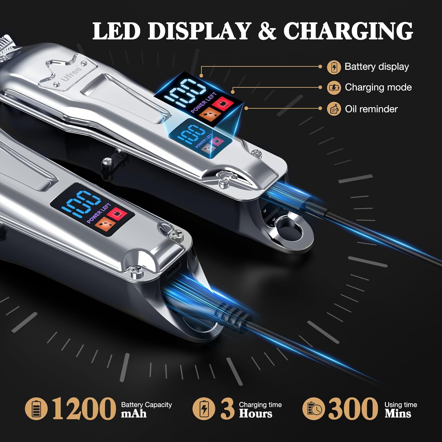 Ufree Hair Clippers for Men Professional, Barber Clippers and Trimmers Set, Cordless Hair Clippers for Hair Cutting Kit with LED Display, Electric Hair Trimmer, Gifts for Men, Silver image number 6