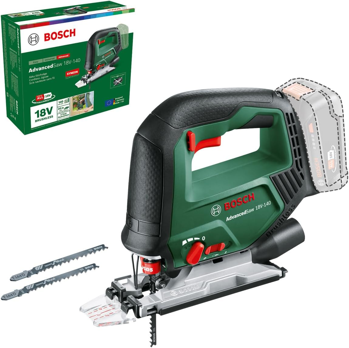 Bosch 18V Cordless Jigsaw, without Battery, 3X Blades Inc, Brushless Motor, Pendulum Action (Advancedsaw 18V-140). Made in Europe. 2024 New