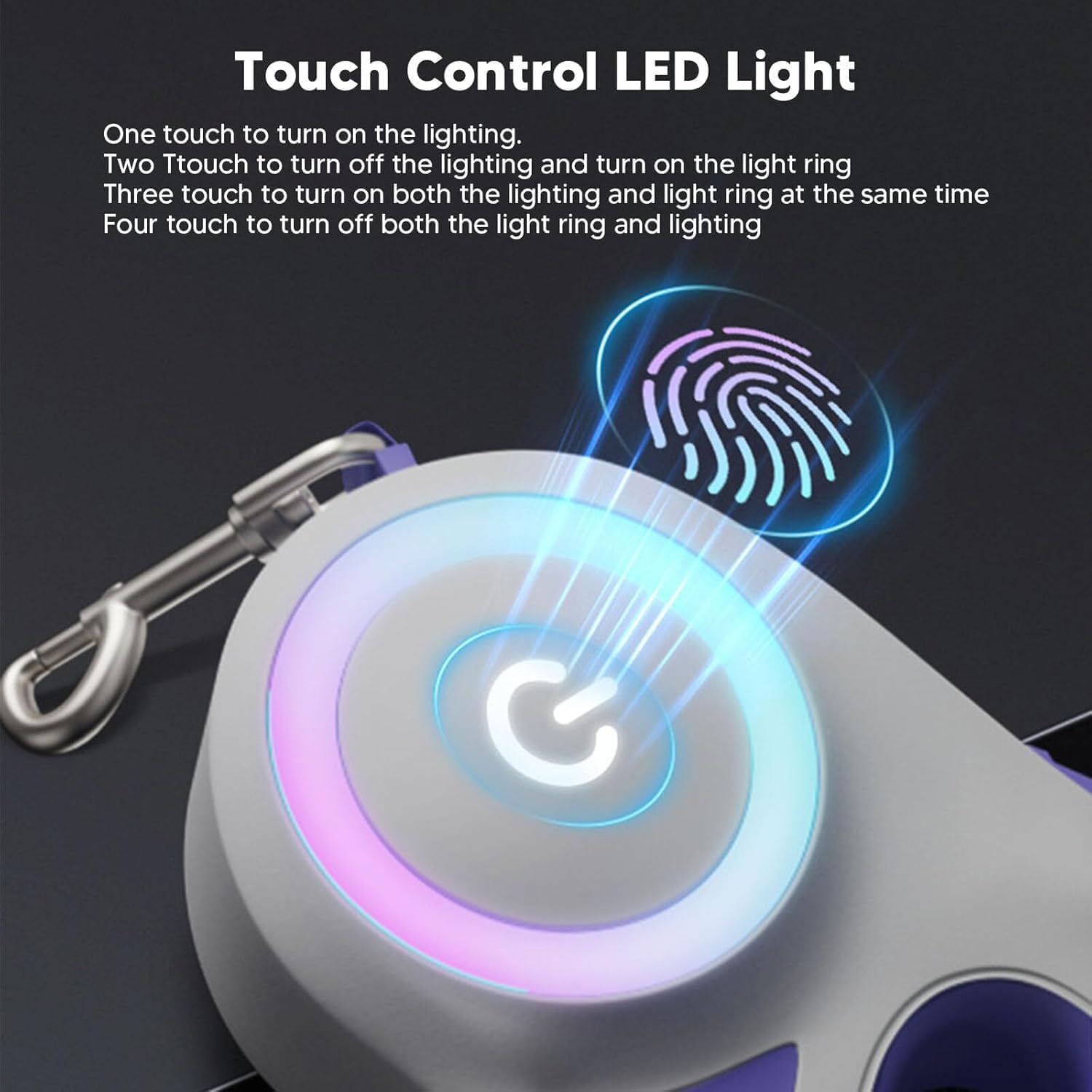 10Ft Retractable Dog Leash, Luminous Dog Walking Leash with Front Safety Led Light - 360&deg;Tangle-Free Training Leash for Ultimum Freedom with Anti-Slip Handle Dogs & Cats - Purple image number 3