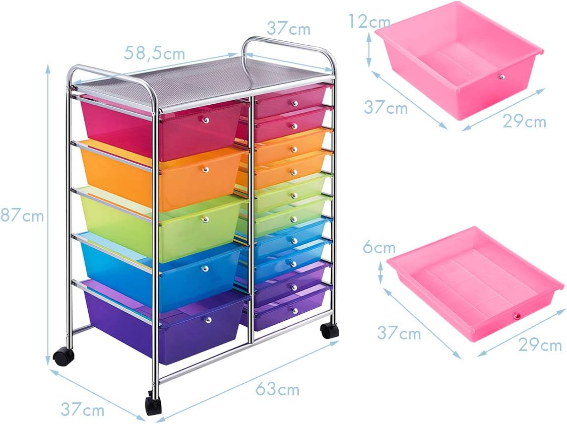 Costway 15-Drawer Rolling Storage Cart, Multi-Color, Steel & Plastic, Ideal for Home, Office, School & Garage