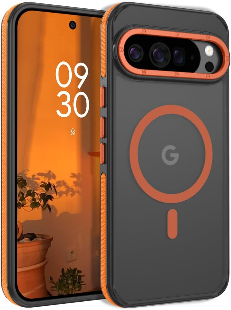 DOMAVER Magnetic for Google Pixel 10 Pro XL Case, Compatible with Magsafe Accessories, Military Grade Drop Protection, Translucent Matte Shockproof Phone Case for Pixel 10 Pro XL, Black Orange image number 2