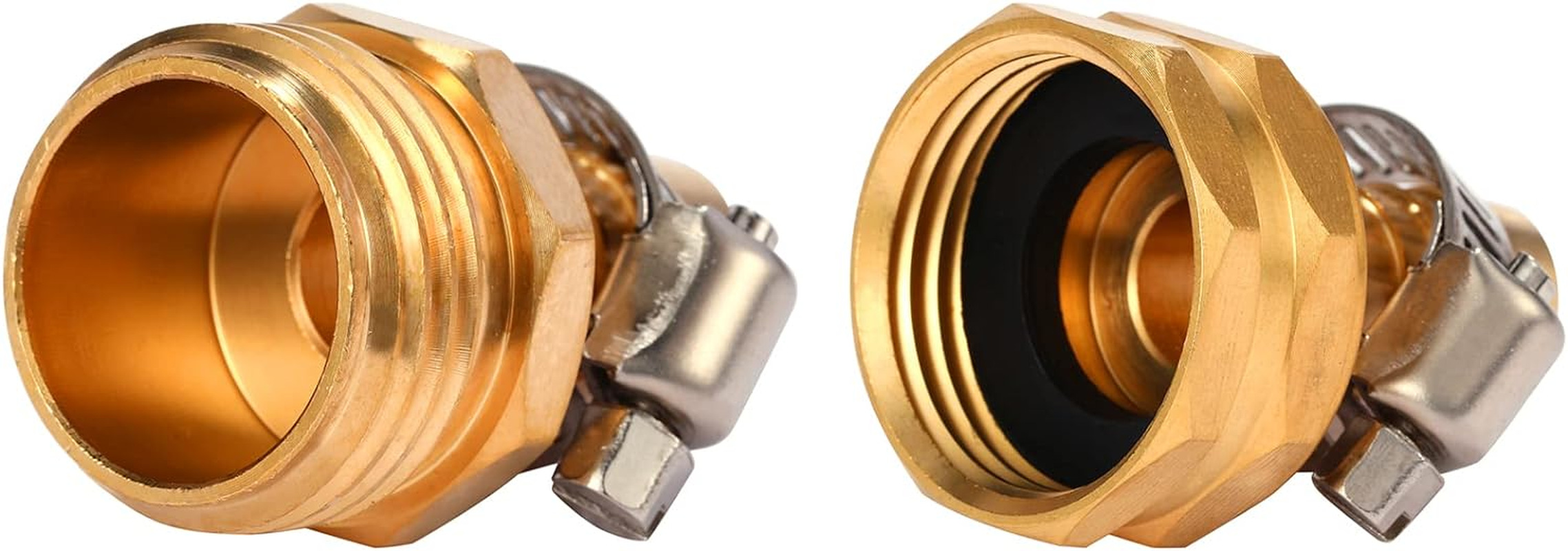 Brass Garden Hose Connector Repair Mender Kit with Stainless Clamp,Fits 1/2" Water Hose Fitting,2 Sets(1/2" Barb X 3/4" GHT) image number 1