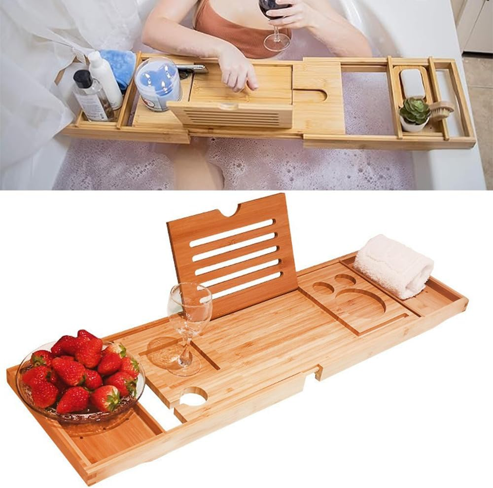 Bath Caddy Tray for Bathtub, Expandable Baths Tray, Bathtubs Caddy Tray, Adjustable Bamboo Bathtubs Tray for Books, Tablets, Wine Glasses, and Candles, Perfect for Relaxing Baths image number 4