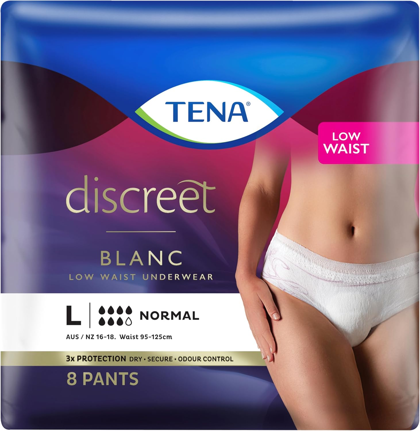 TENA Women Discreet Low Waist Incontinence Underwear, Blanc, Large, Pack of 8 image number 4