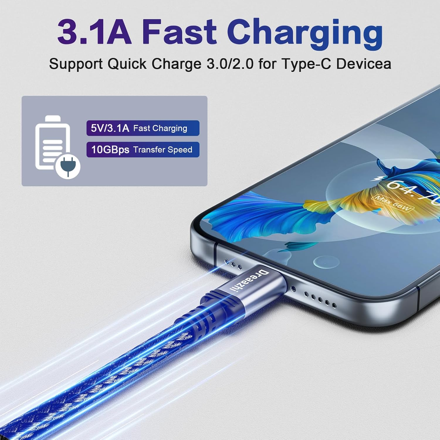 Dreaazhi USB to USB C Cable 1M, USB 3.1 Gen 2 Cable Fast Charging with 10 Gbps Data Transfer,Android Auto Cable for Iphone 16/15, Galaxy Note 8, S8, S9, S10, Sony XZ, LG V20, HTC, SSD, Etc