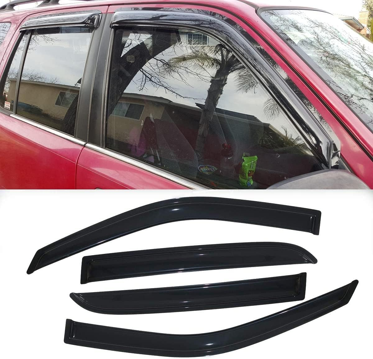 Puermto 94113 Side Window Wind Vent Deflector,4Pcs Out-Channel Tape-On Nice Shade Rain Guards Set,Dark Smoke Window Visors Fit for 1997-2001 Honda CR-V image number 5