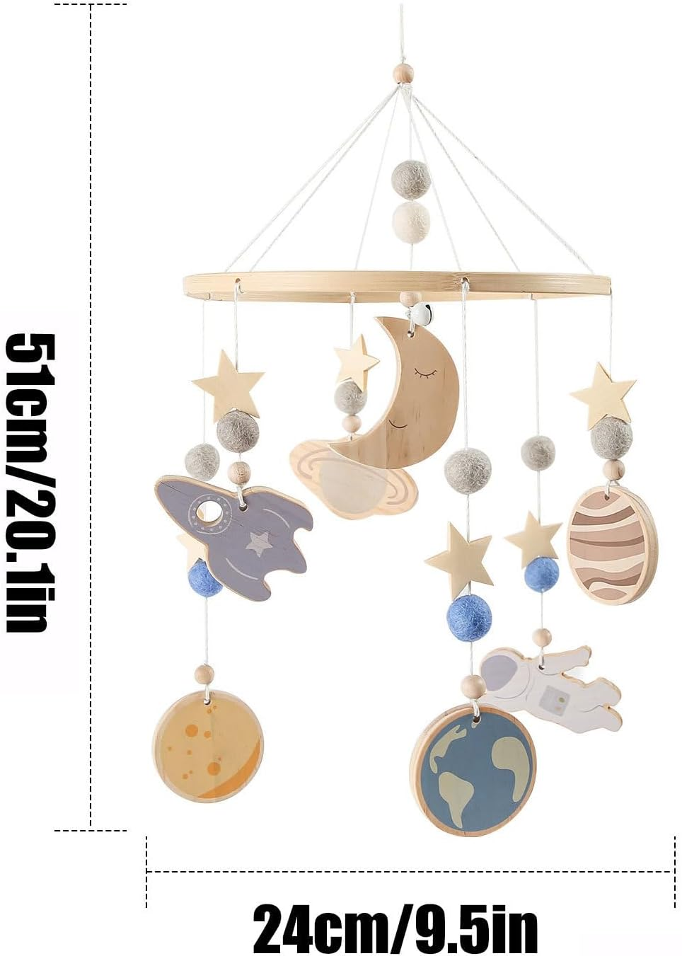 Baby Crib Mobile | Wooden Nursery Ornaments | Space Crib Mobile 360 Degree Rotatable for Soothing Calming Visual Stimulation Play Nursery Night Travel image number 4