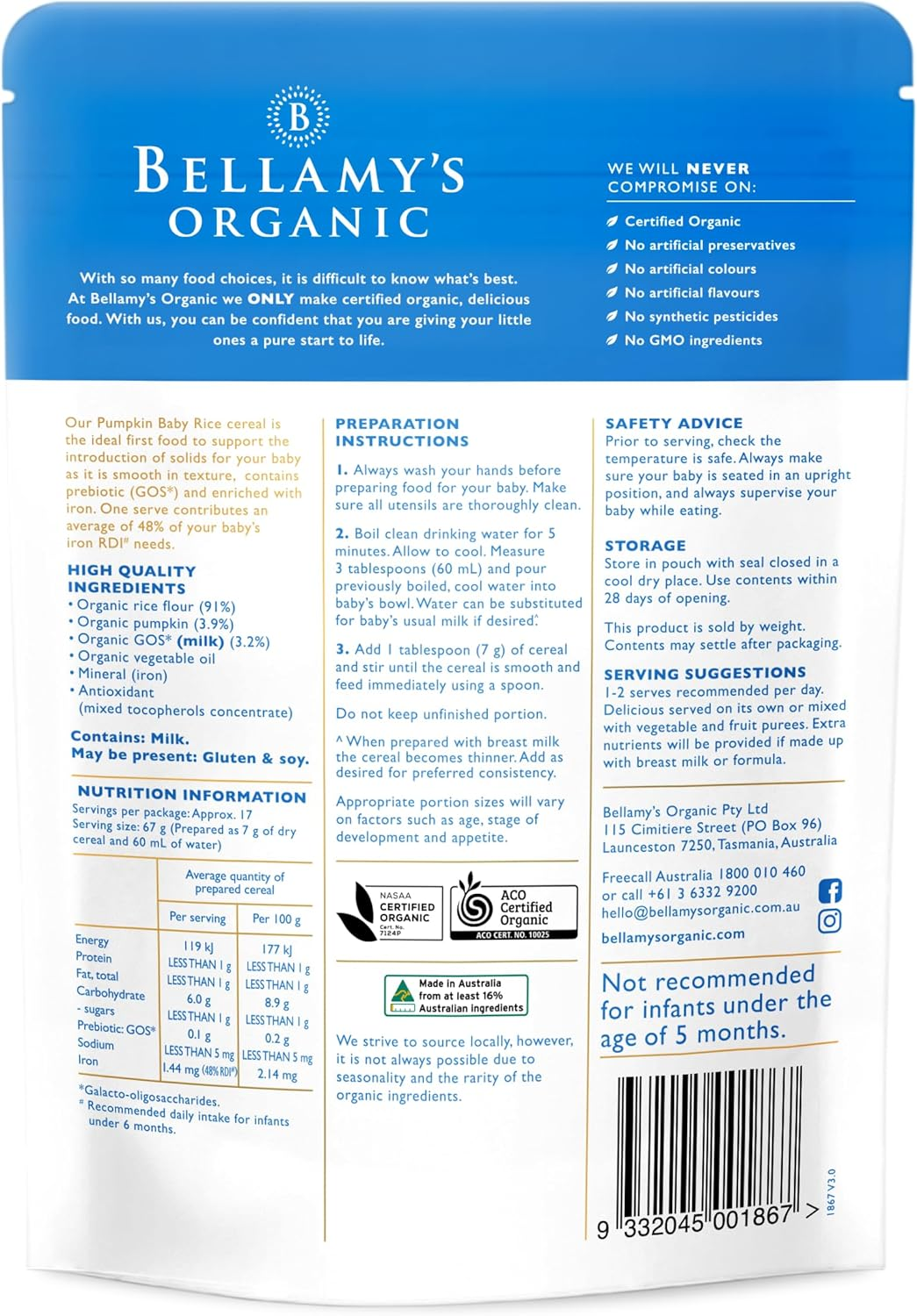 Bellamy'S Organic Pumpkin Baby Rice with Prebiotic 125G, Baby Food, 5M+, Bulk (6 X 125G)