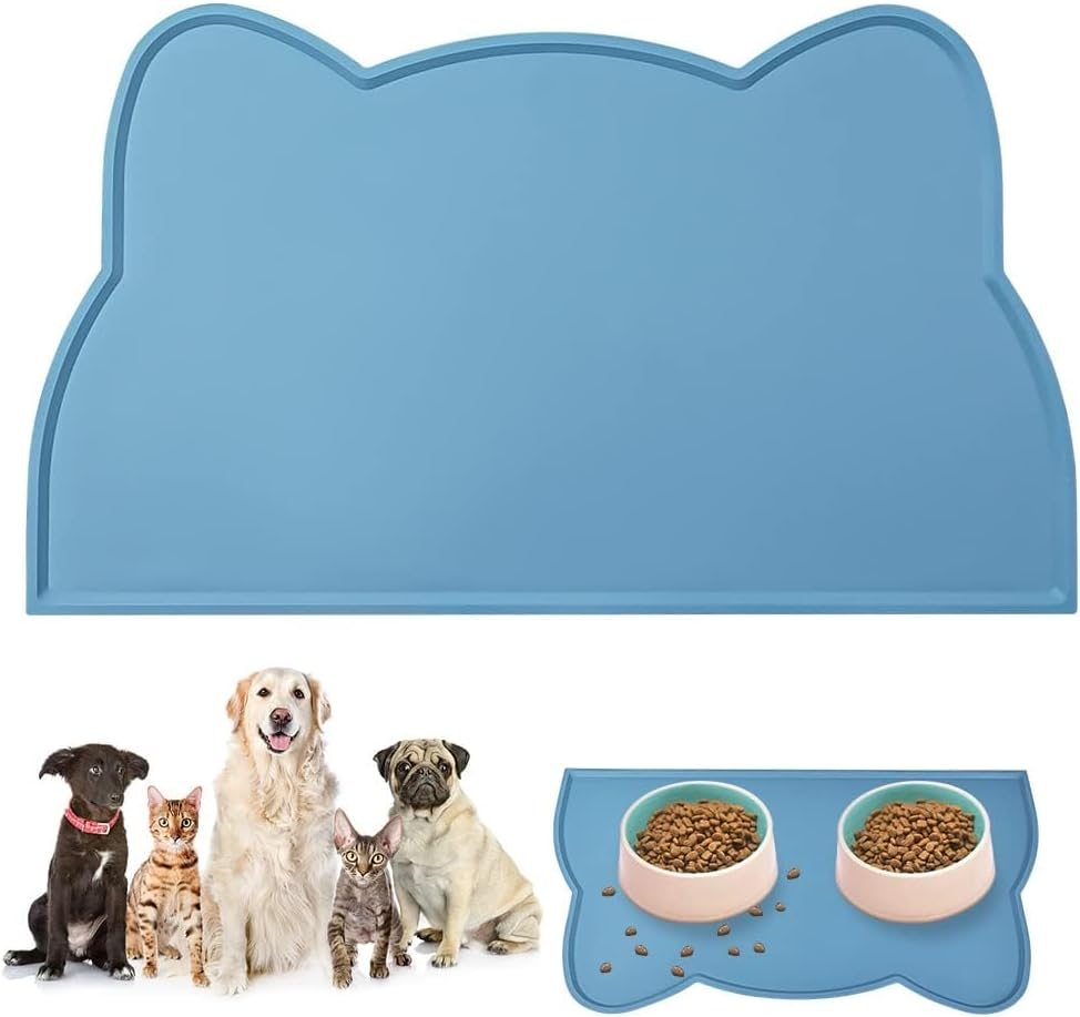 VSSHE Cat Food Mat, Silicone Pet Food Mat for Floor Non-Skid Waterproof Dog Water Bowl Tray Mat Dog Cat Placemat Mat with Raised Edge 18 * 9.8'' Pet Feeding Food for Small Dogs and Cats Blue image number 6