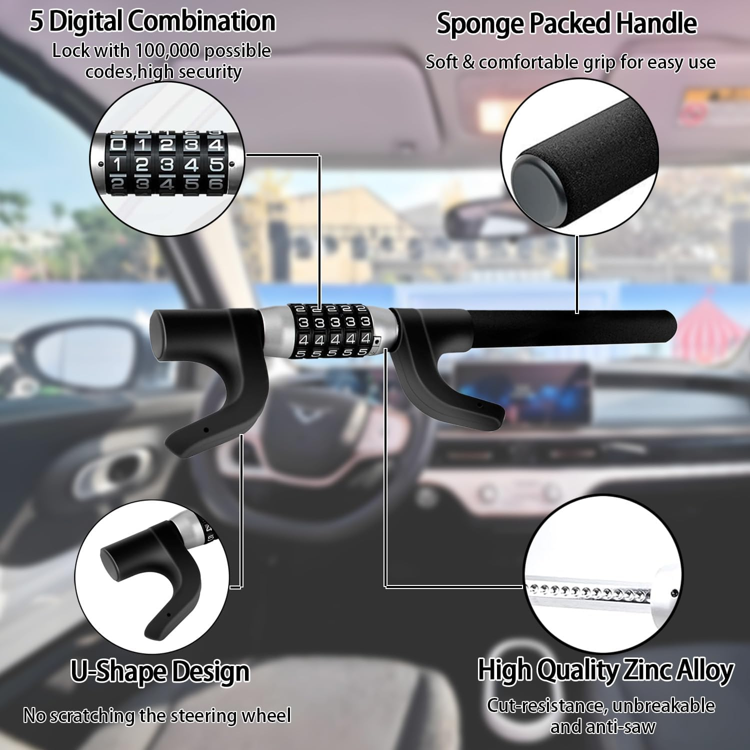 Steering Wheel Lock, Car Lock anti Theft Keyless Extendable Retractable Password 5 Coded Combination Lock, Heavy Duty Universal Fit image number 2