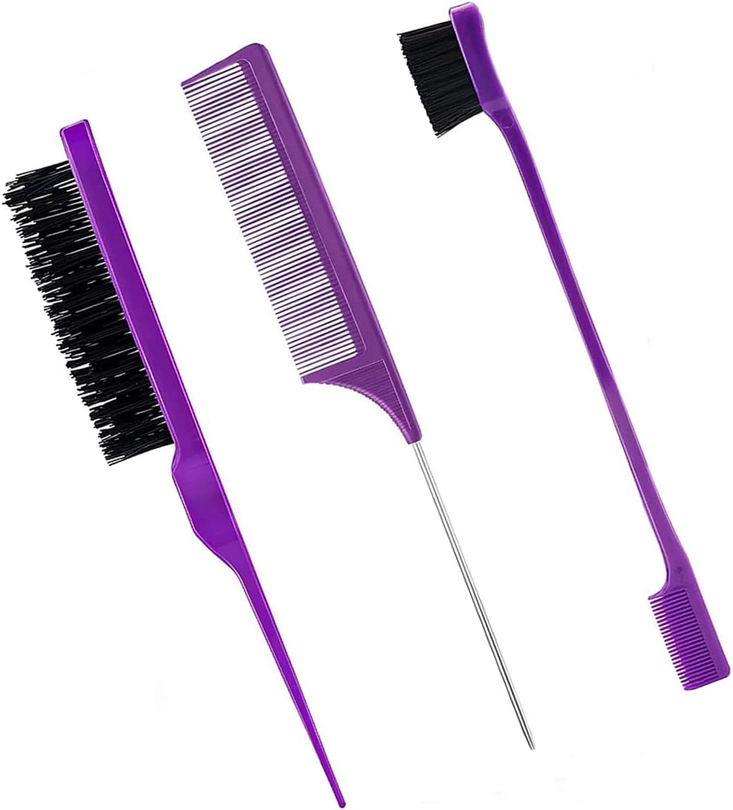 3 Piece Hair Styling Comb Set Teasing Hair Brush Rat Tail Comb Edge Brush for Edge and Back Brushes, Combs, Slicking Hair for Women (Black)