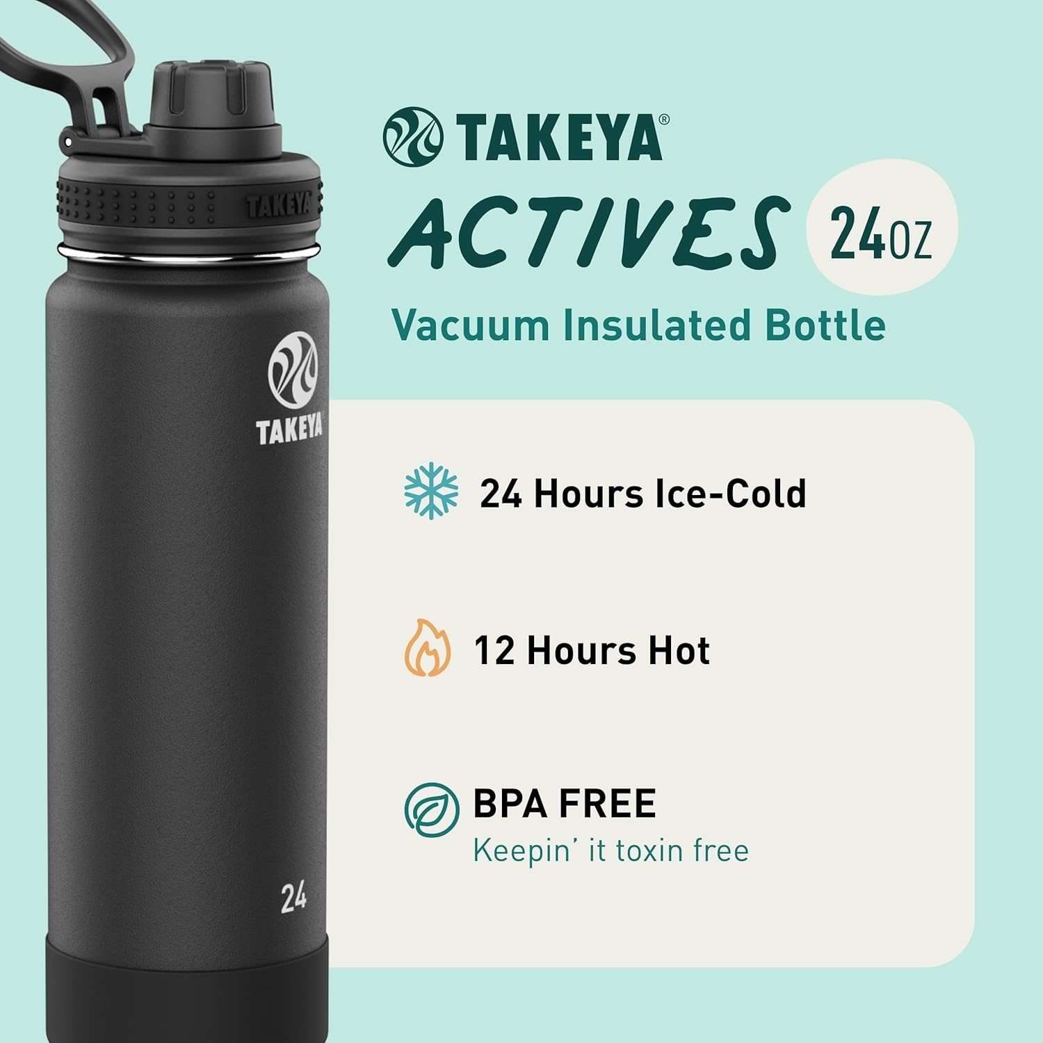 Takeya Australia Takeya Actives Vacuum-Insulated Stainless-Steel Water Bottle, 700Ml, Onyx Vacuum Insulated Double Walled Water Bottle, Onyx, 24 Oz image number 6