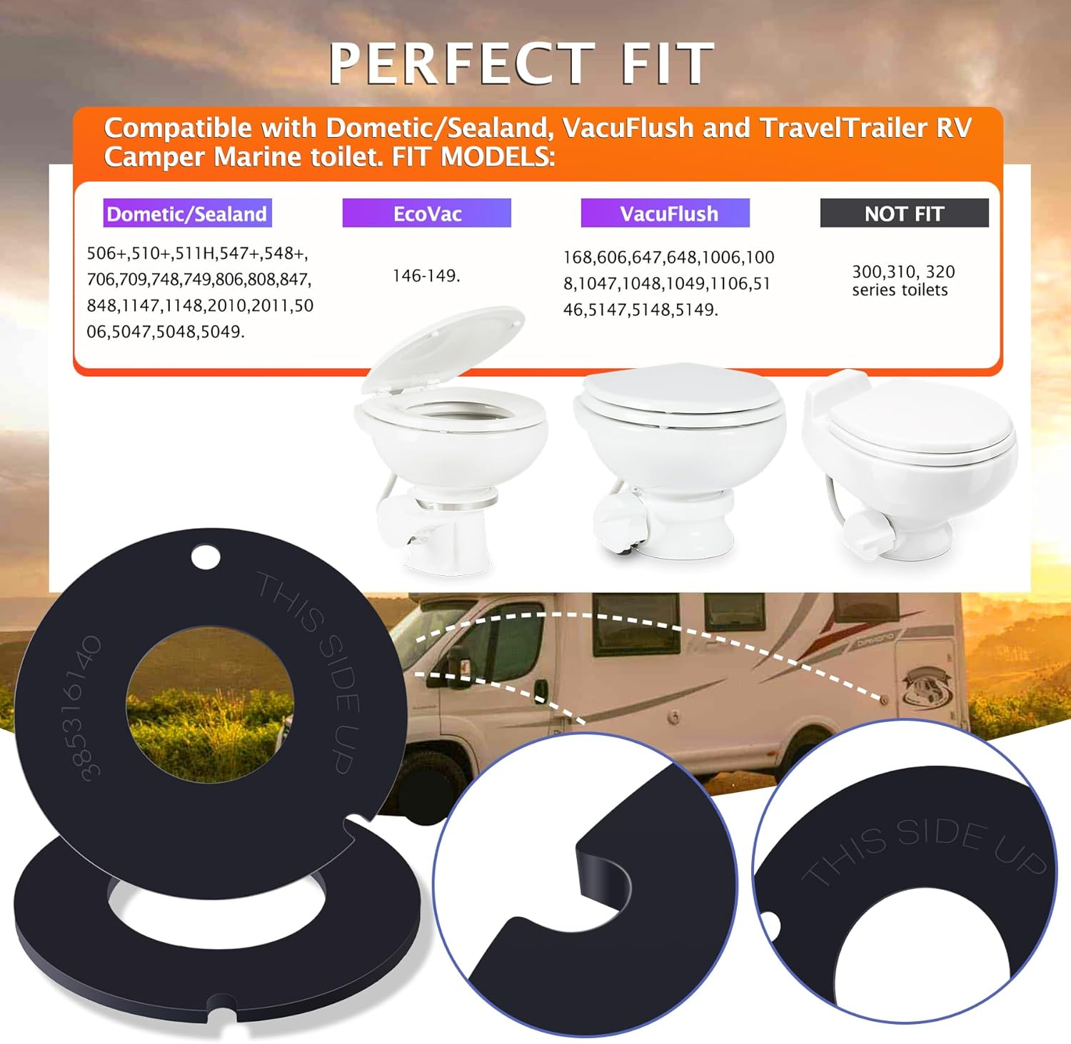 385311462 and 385316140 RV Toilet Rubber Seal Kit Replacement for 510/506+, 510+/1006, 1008/Ecovac 146-149 Compatible with Sealand Mansfield Vacuflush RV Camper Toilet image number 4