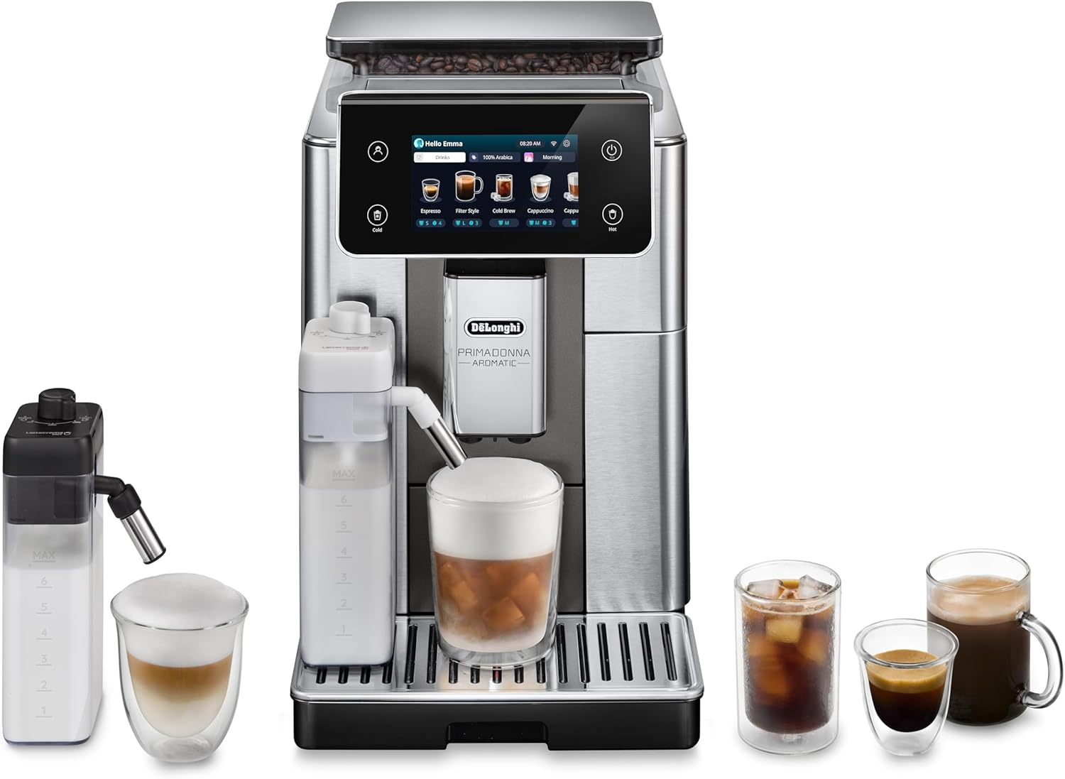 De'Longhi Primadonna Aromatic ECAM630.75.TM, Automatic Bean to Cup Coffee Machine, Stainless Steel, Cold Brew, Hot & Cool Milk Foam, 3.5'' TFT Display, Titanium/Black image number 2